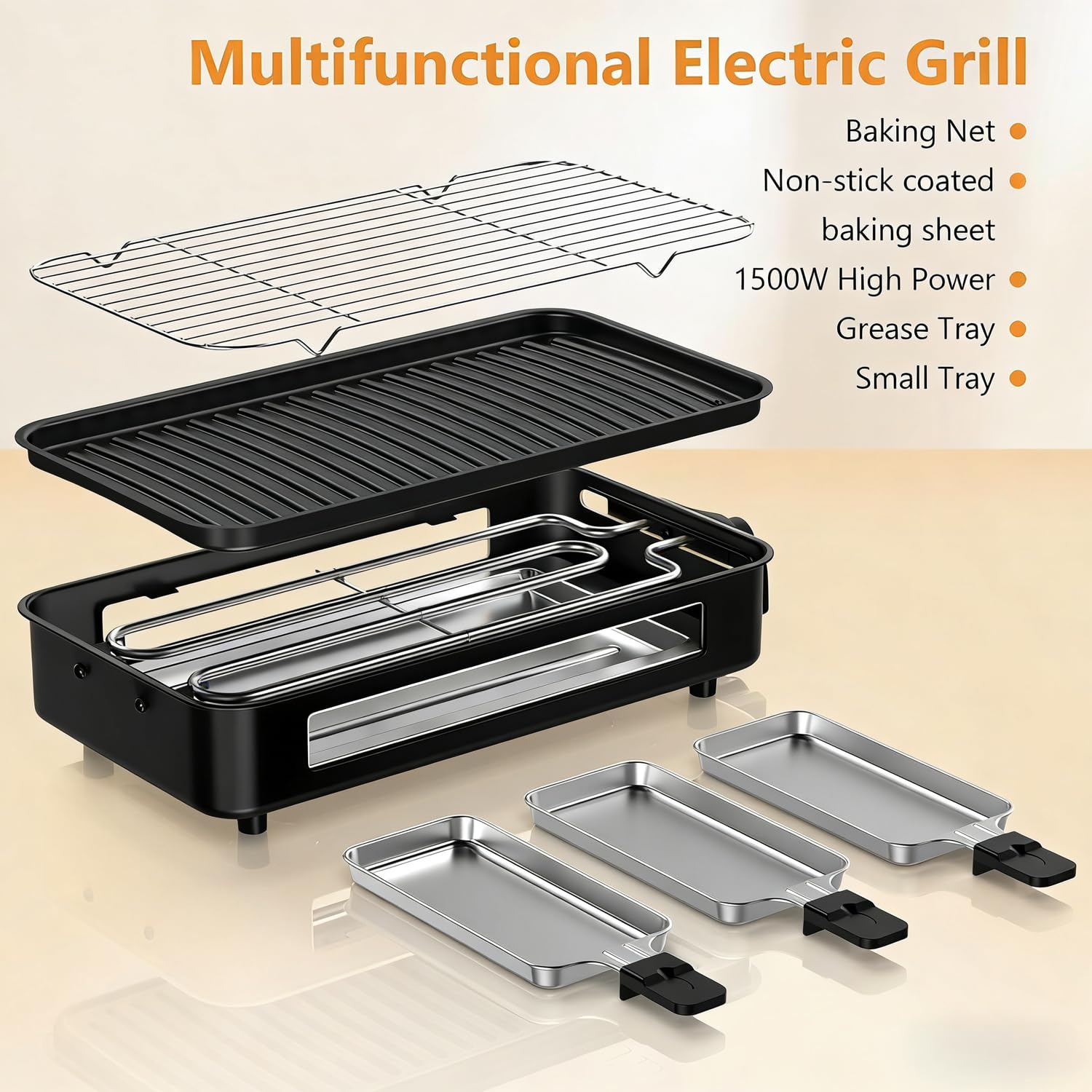 Electric Indoor Grill 1500W -2 in 1 Smokeless Indoor Grill for Kitchen with Non-stick Removable Grill & Griddle Plate,Temperature Control Korean BBQ Grill with 3 Cheese Pans Dishwasher Safe