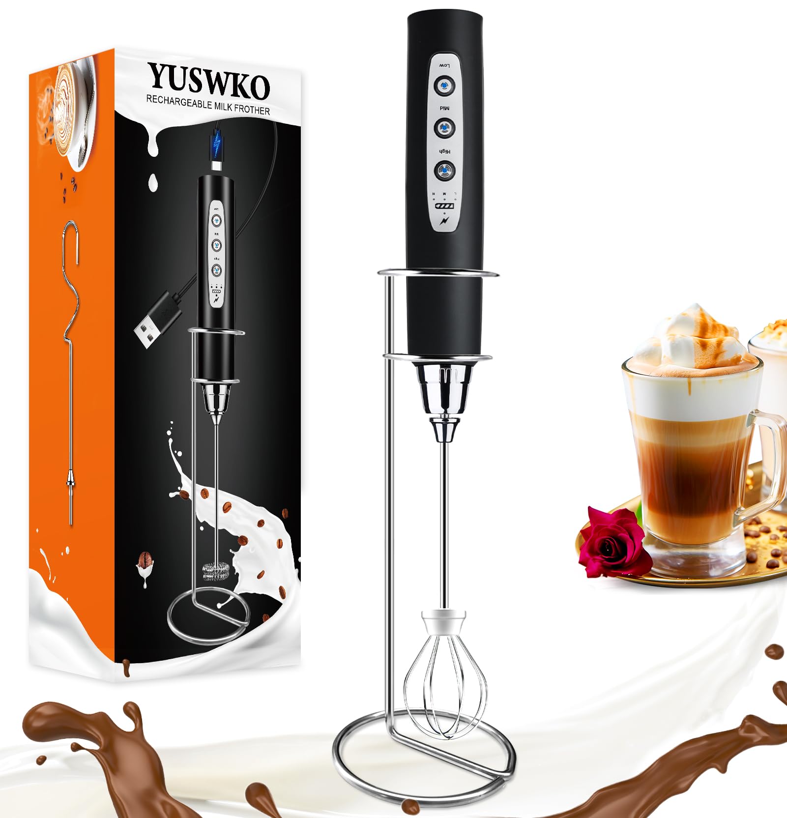 YUSWKO Rechargeable Handheld Milk Frother Wand for Coffee