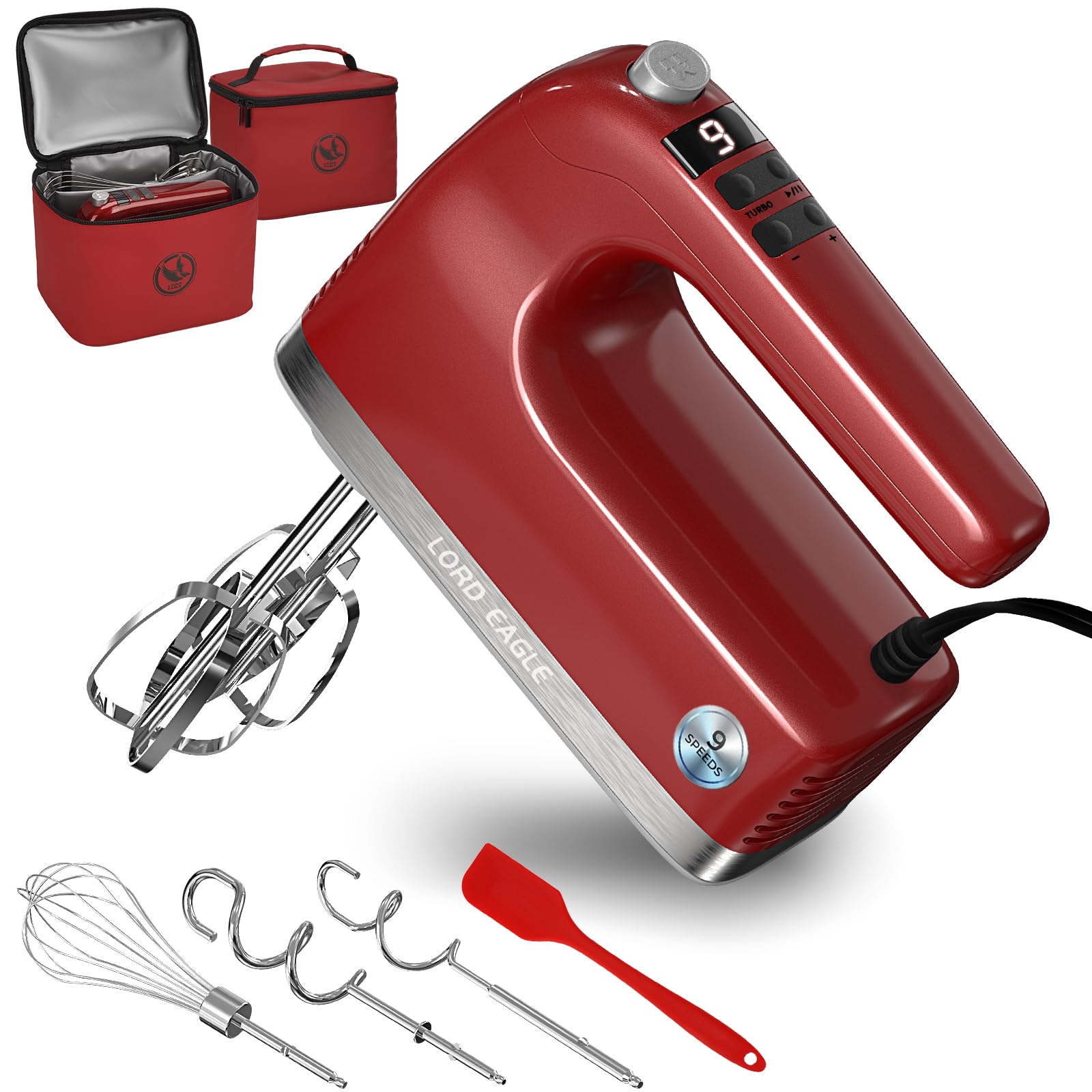 Lord Eagle 9-Speed Digital Hand Mixer Electric Handheld, 500W DC Motor Kitchen Mixer for Cake Baking, Lightweight Egg Beaters with Stain-resistant & Waterproof Storage Bag & 6 Accessories