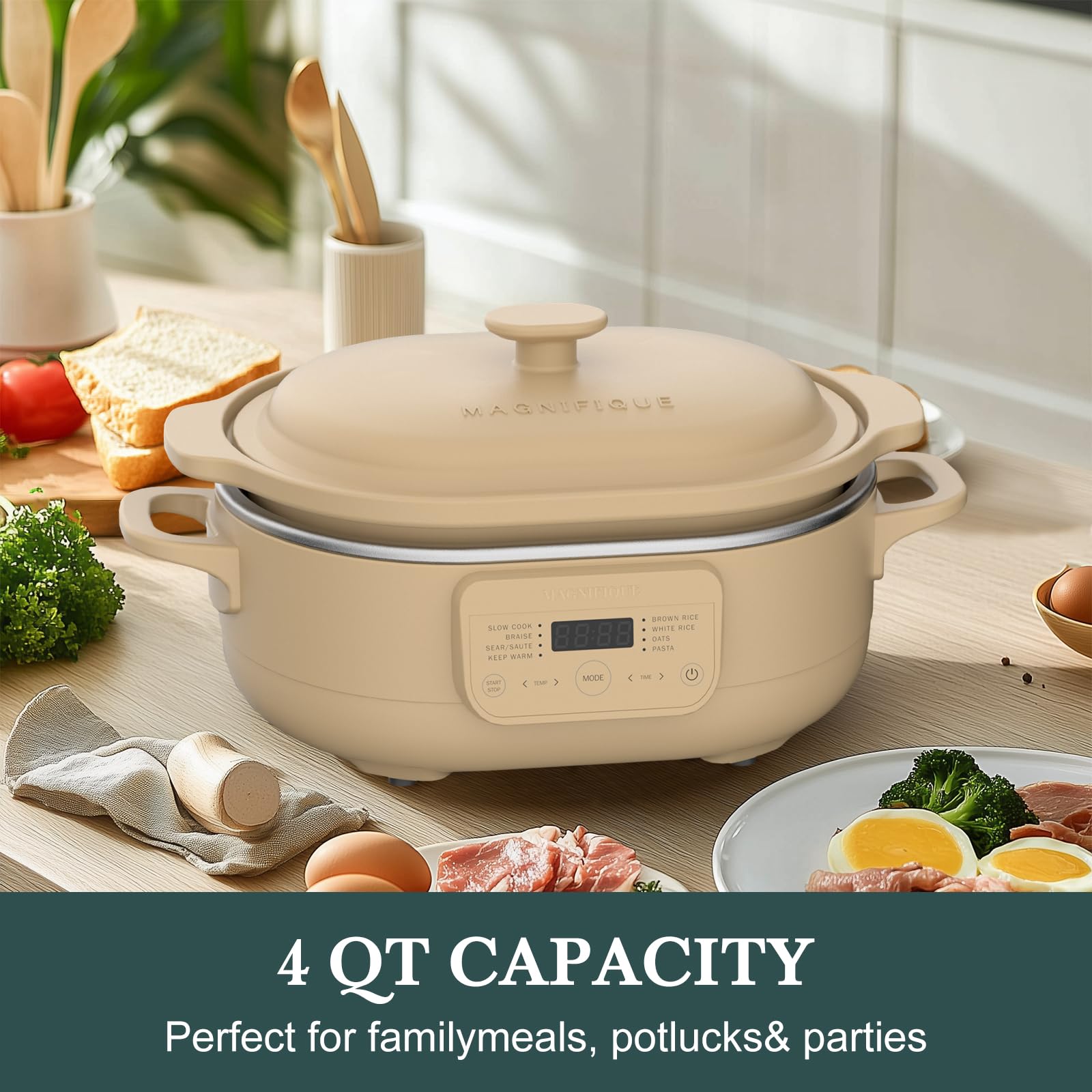 MAGNIFIQUE 4 Quart Claypot Multi-Cooker, with 8-in-1 Casserole Programmable Slow Cooker