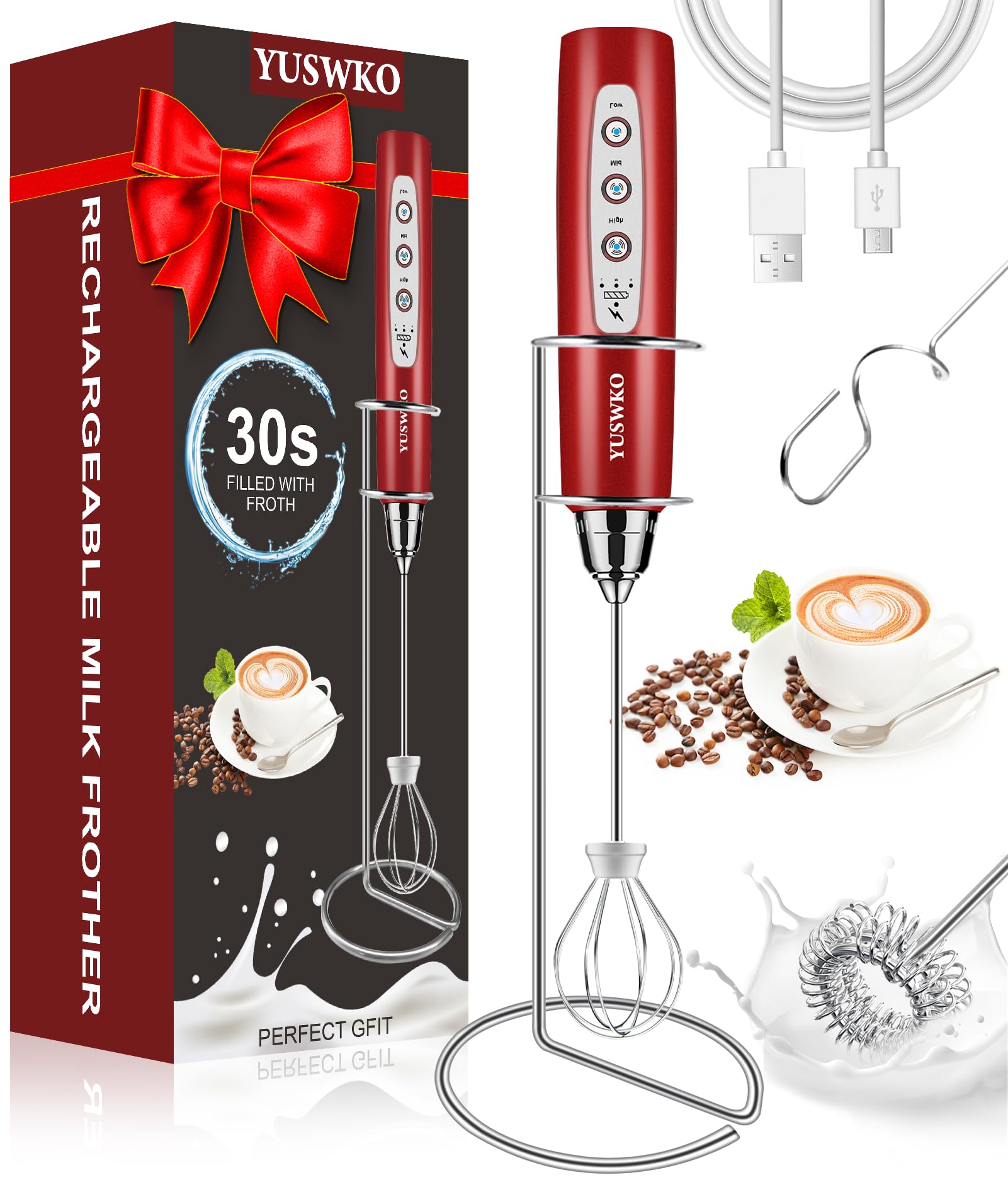 YUSWKO Rechargeable Handheld Milk Frother Wand for Coffee