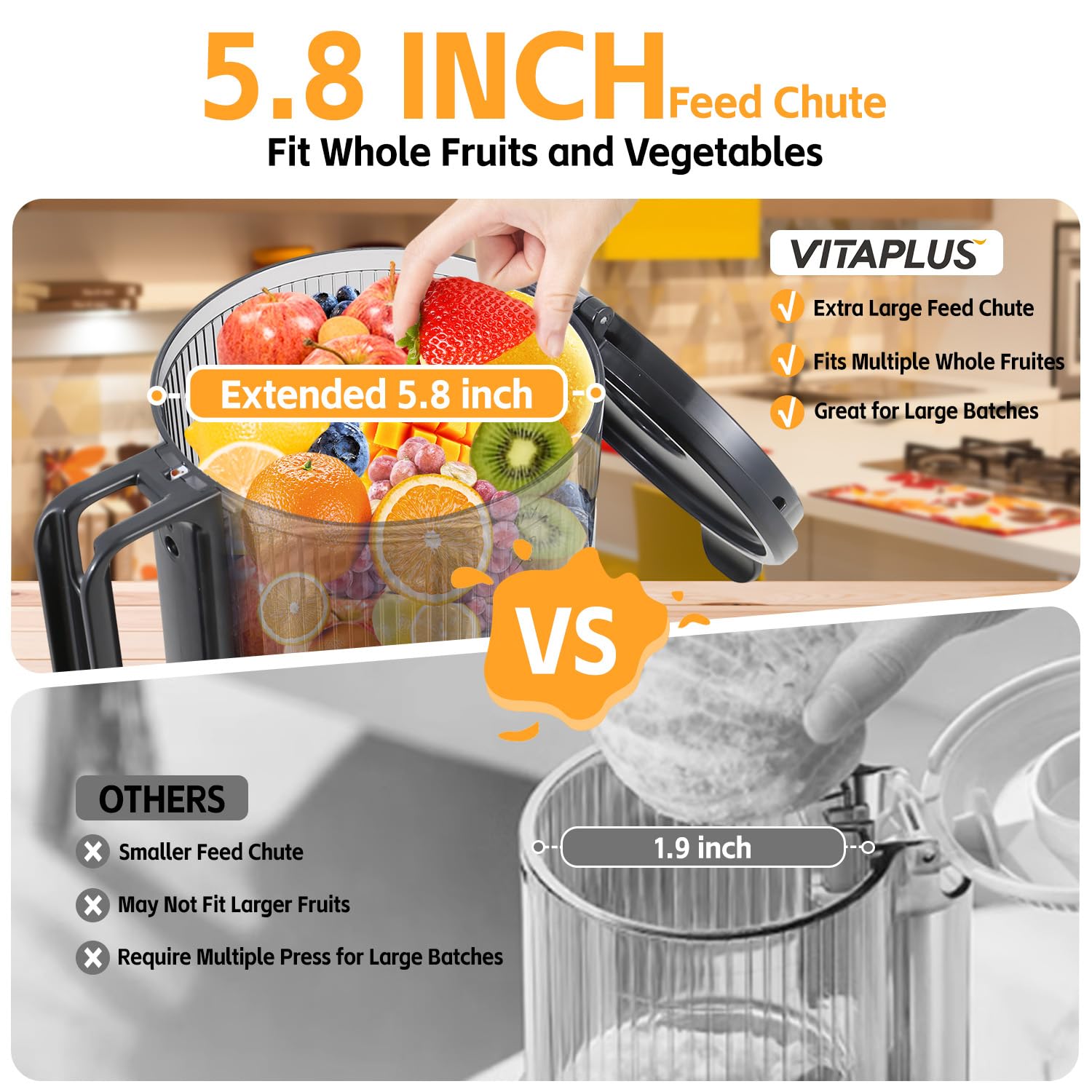 VITAPLUS Cold Press Juicer with Stainless Steel Auger, Lab-Certified Food-Safe, AC Motor, 5.8" Whole-Fruit Chute, High Juice Yield Slow Masticating Juicer for Juice & Nut Milk, BPA-Free, Easy Clean