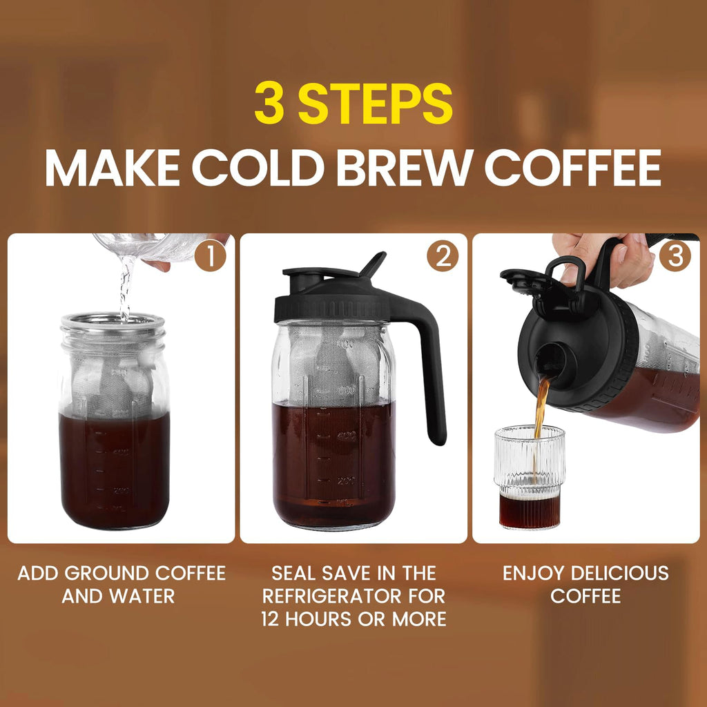 QHH Cold Brew Coffee Maker, 64 oz Mason Jar Pitcher with Stainless Steel Filter, Pour Spout Handle Lid, Airtight & Leak-Proof for Iced Coffee,Tea & Lemonade