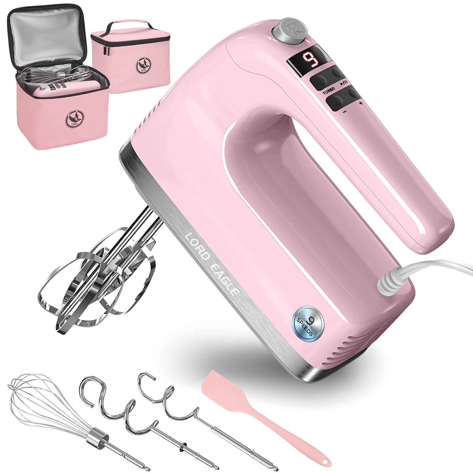 Lord Eagle 9-Speed Digital Hand Mixer Electric Handheld, 500W DC Motor Kitchen Mixer for Cake Baking, Lightweight Egg Beaters with Stain-resistant & Waterproof Storage Bag & 6 Accessories