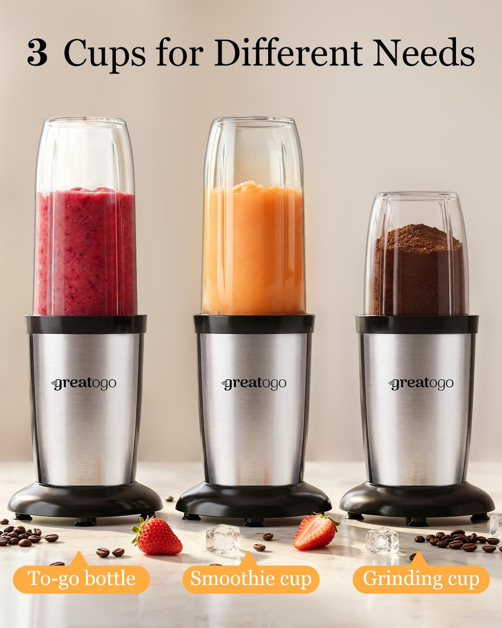 Greatogo Personal Bullet Blender for Smoothies and Shakes, Kitchen Portable Compact Smoothie Maker with 2×24oz To-Go Cups, 10oz Grinding Cup for Frozen Drinks, Small Ice, and Spices