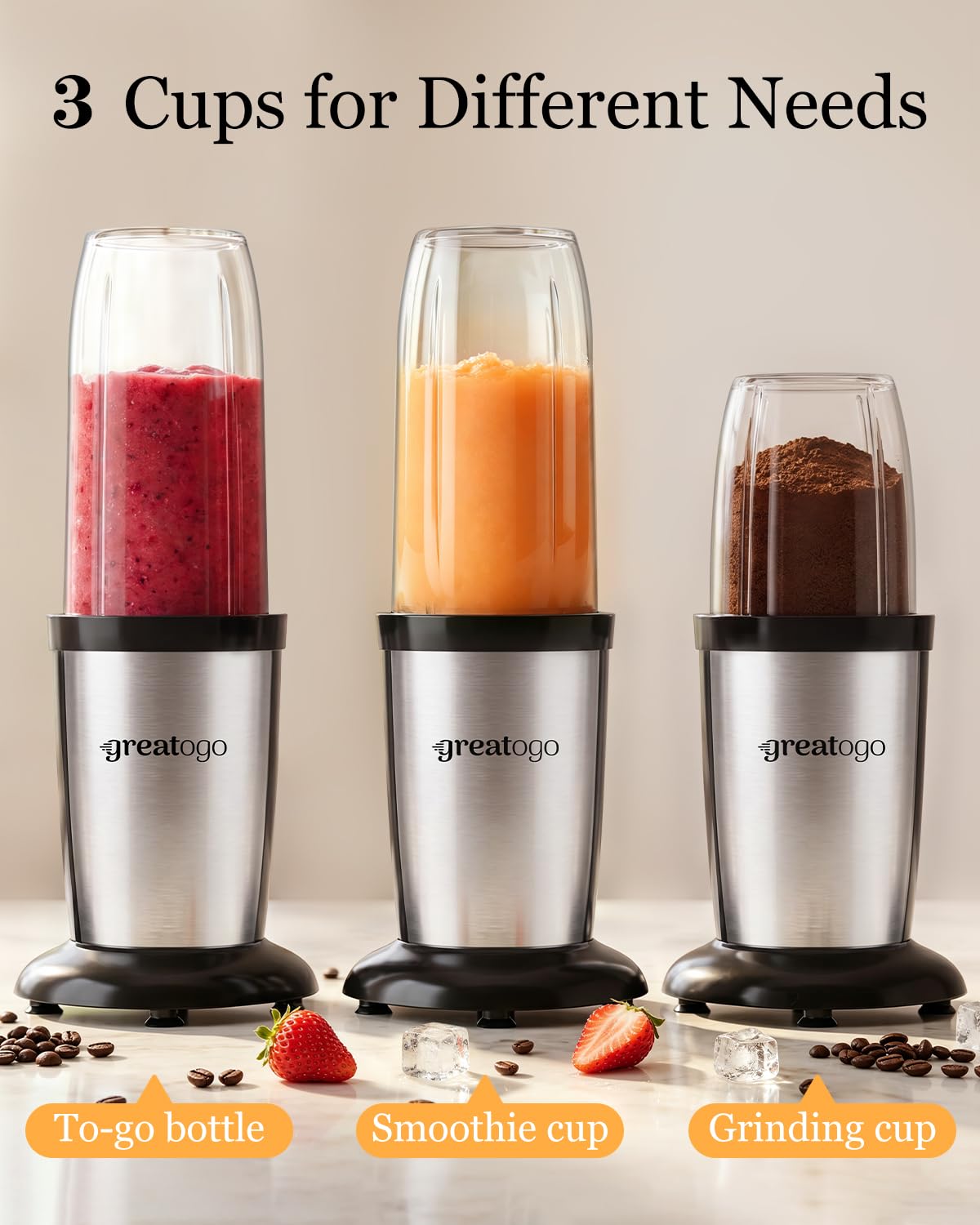 Greatogo Personal Bullet Blender for Smoothies and Shakes, Kitchen Portable Compact Smoothie Maker with 2×24oz To-Go Cups, 10oz Grinding Cup for Frozen Drinks, Small Ice, and Spices