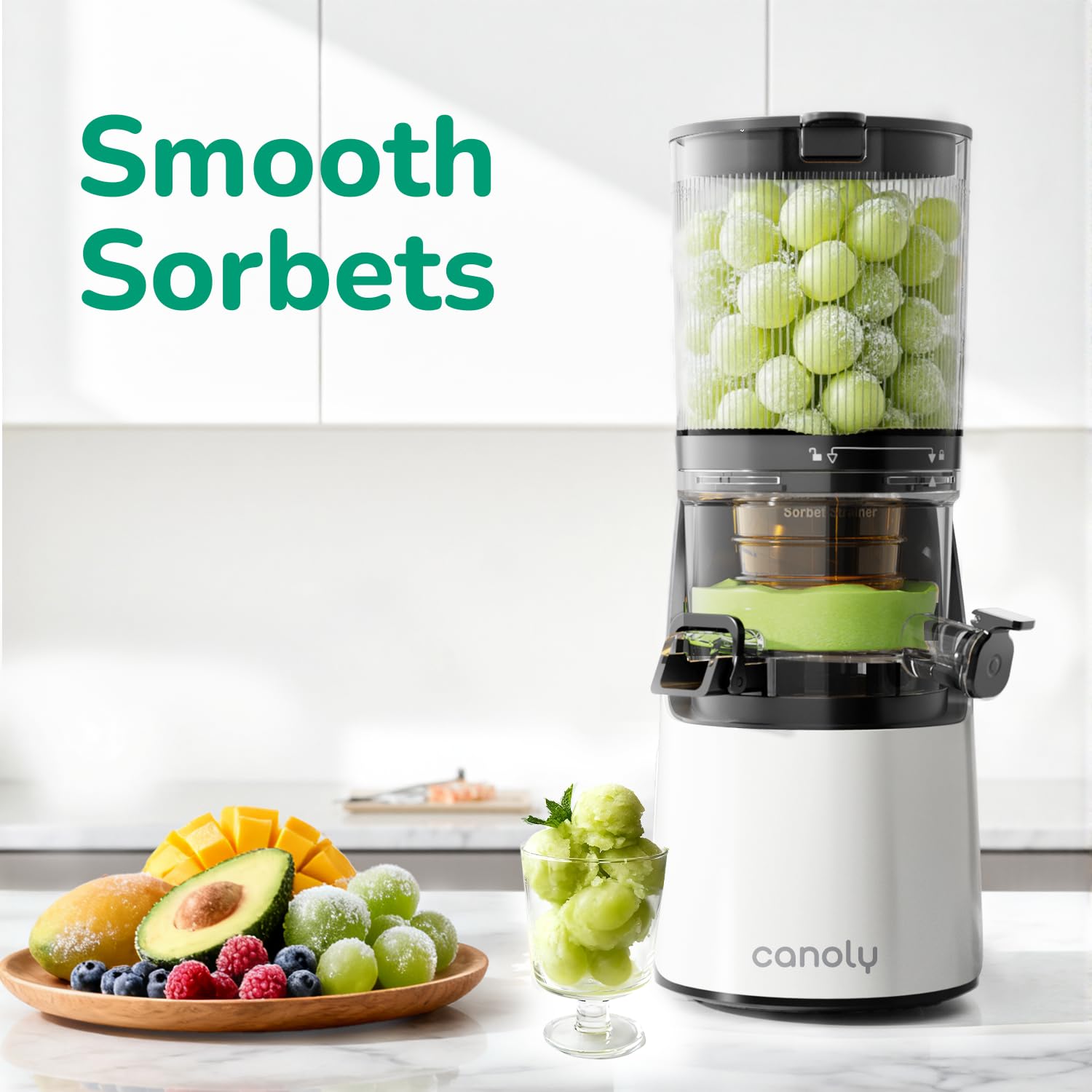Canoly C16 Cold Press Juicer, 6" Extra Wide Feed Chute, 3-IN-1 Strainers (Juice & Sorbet & Nut Milk), Powerful AC Brushless Motor, Self Precut System, Juicer Machines with BPA-Free