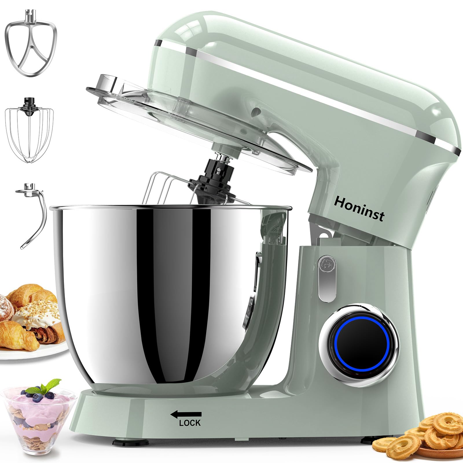 Honinst Stand Mixer, 6.5QT 10-Speed Tilt-Head Electric Stand Mixer, 3-In-1 Kitchen Mixer with Bowl, Dough Hook, Whisk and Beater, Food Mixer for Baking, Cake and Most Home Cooks,