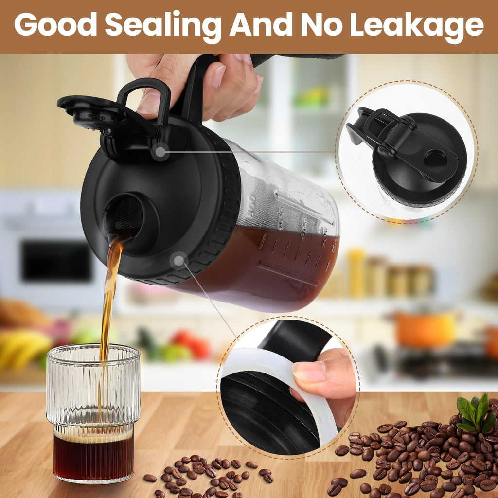 QHH Cold Brew Coffee Maker, 64 oz Mason Jar Pitcher with Stainless Steel Filter, Pour Spout Handle Lid, Airtight & Leak-Proof for Iced Coffee,Tea & Lemonade