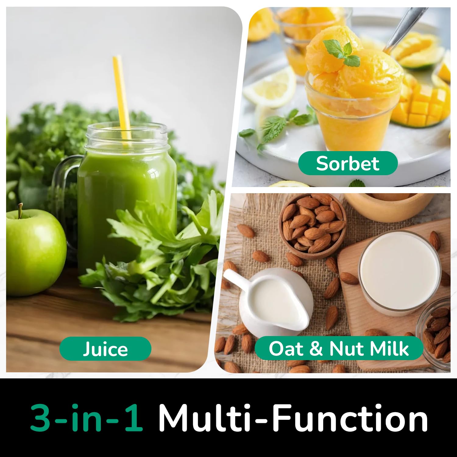 Canoly C16 Cold Press Juicer, 6" Extra Wide Feed Chute, 3-IN-1 Strainers (Juice & Sorbet & Nut Milk), Powerful AC Brushless Motor, Self Precut System, Juicer Machines with BPA-Free
