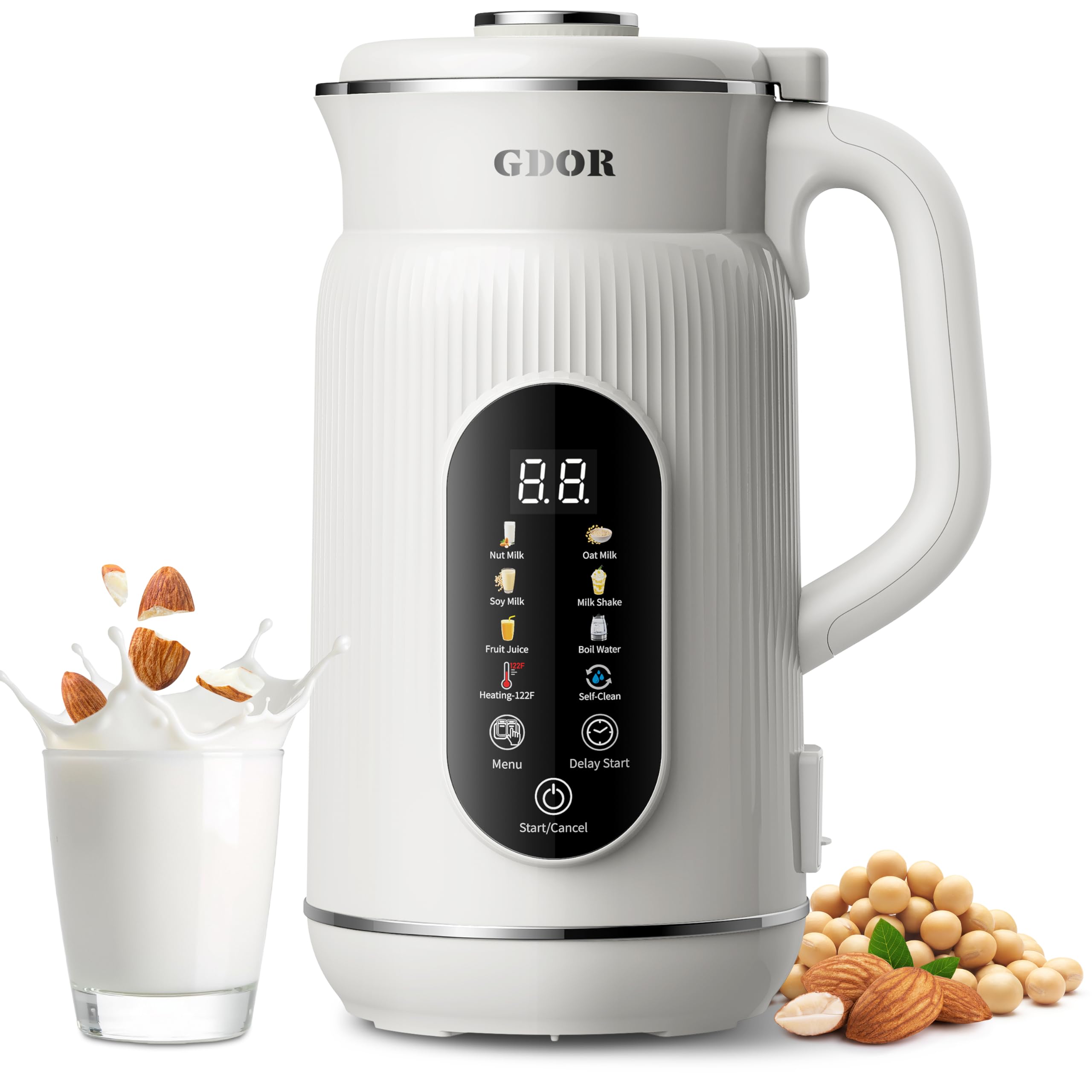GDOR 42oz Smart Nut Milk Maker, 9-in-1 Plant Milk Machine for Almond, Oat, Soy, Juice & Smoothie, Large Touch Display Blender with Keep Warm, Boil Water, 12H Delay and Self-Cleaning