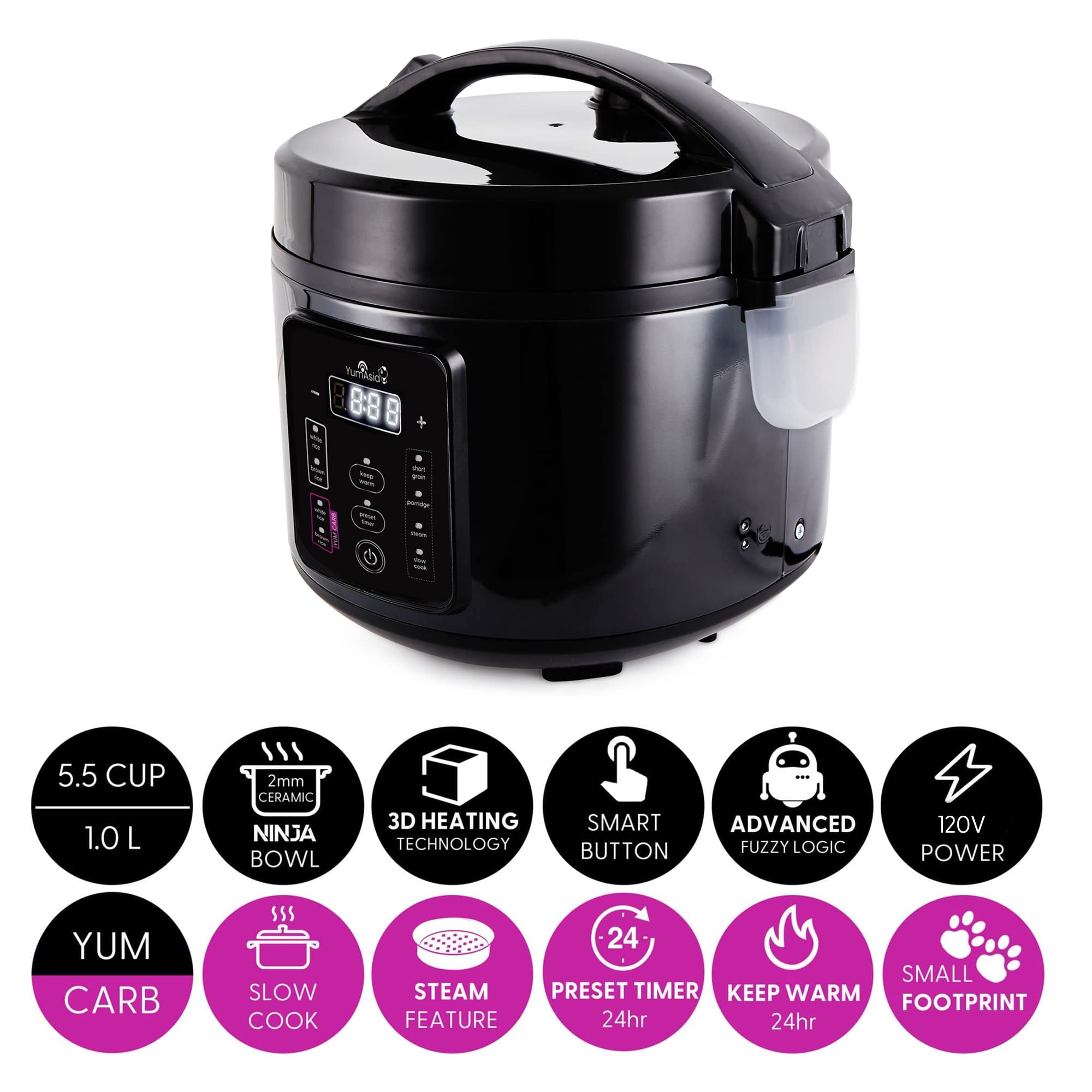Yum Asia Kumo YumCarb Rice Cooker with Ceramic Bowl and Advanced Fuzzy Logic, (5.5 Cups, 1 Litre), 5 Rice Cooking Functions, 3 Multicooker Functions, 120V US Power