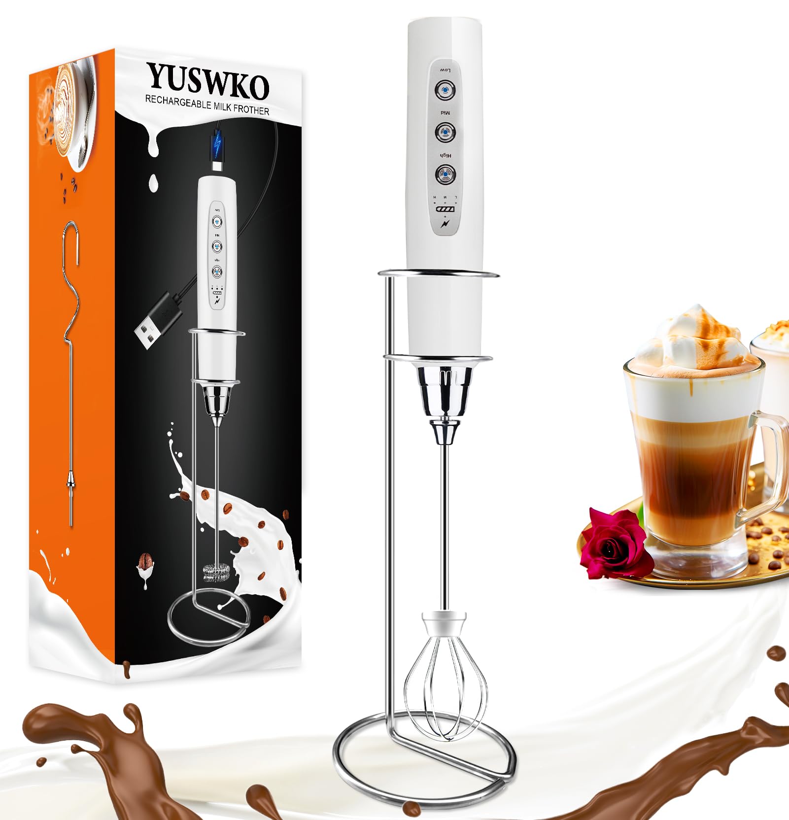 YUSWKO Rechargeable Handheld Milk Frother Wand for Coffee