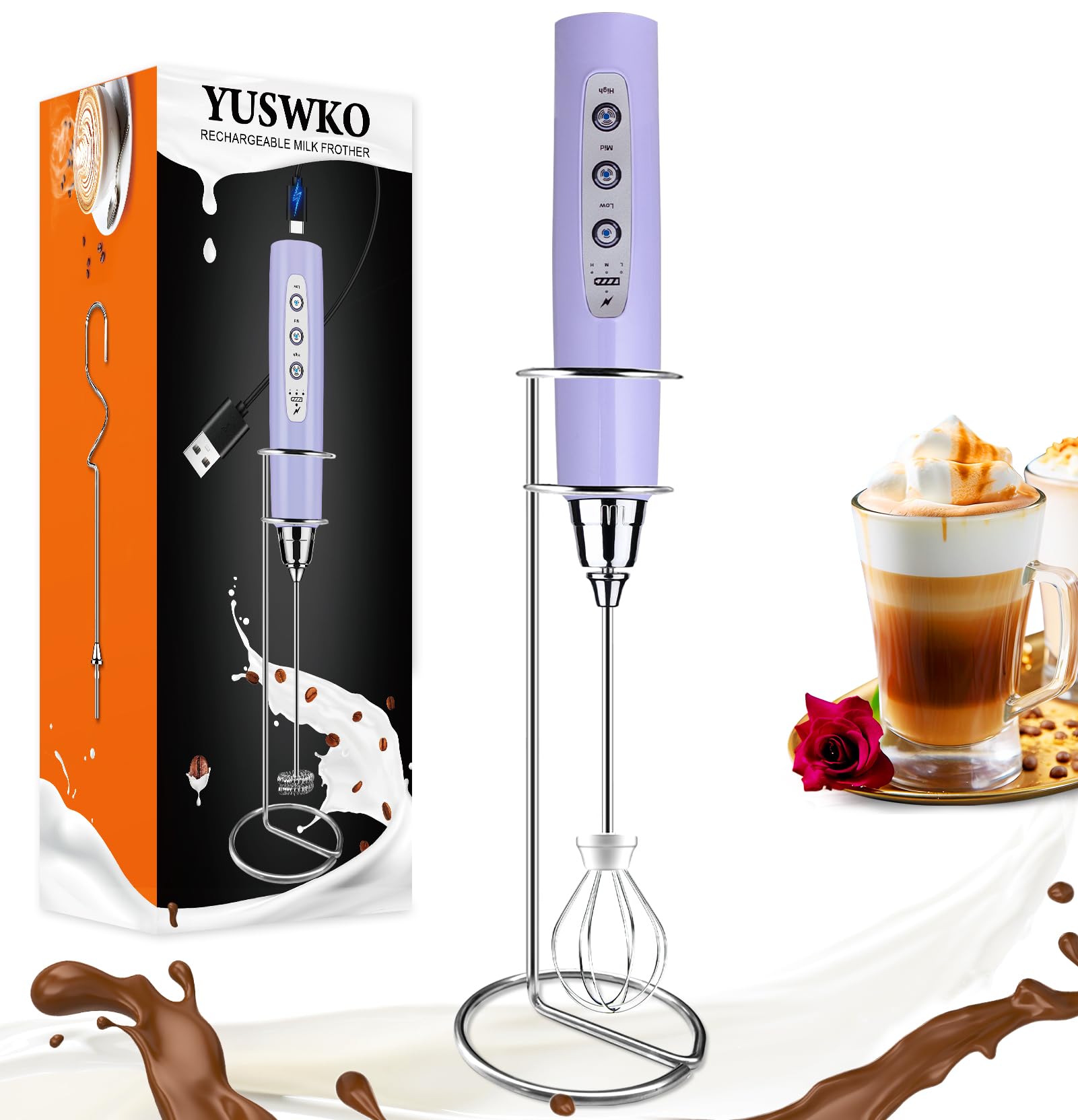 YUSWKO Rechargeable Handheld Milk Frother Wand for Coffee