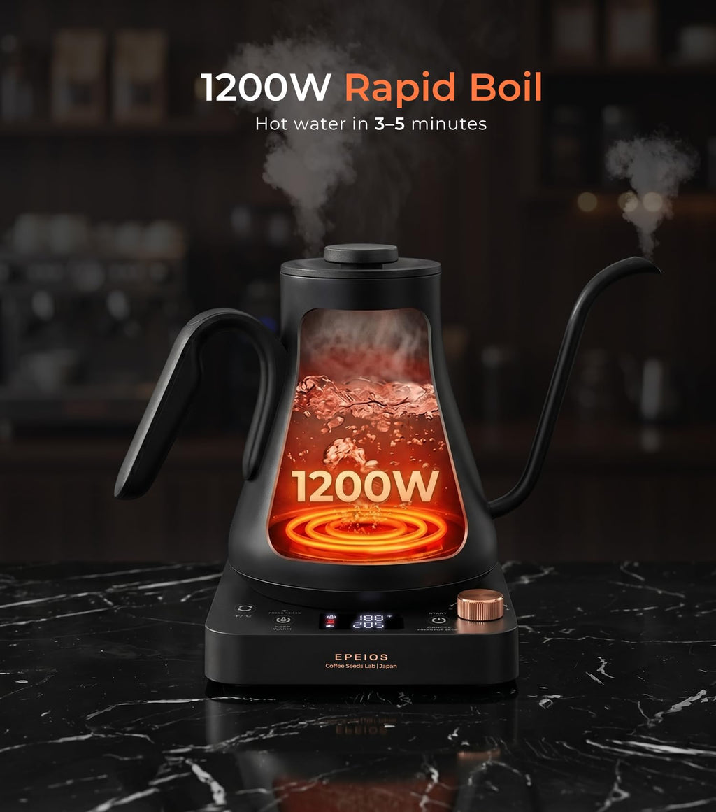 Epeios Electric Kettle, Gooseneck Electric Kettle with ±1°F Temperature Control, 1200W Rapid Heating for Pour Over Coffee & Tea, 304 Stainless Steel Interior, Auto Shut-Off, 0.9L