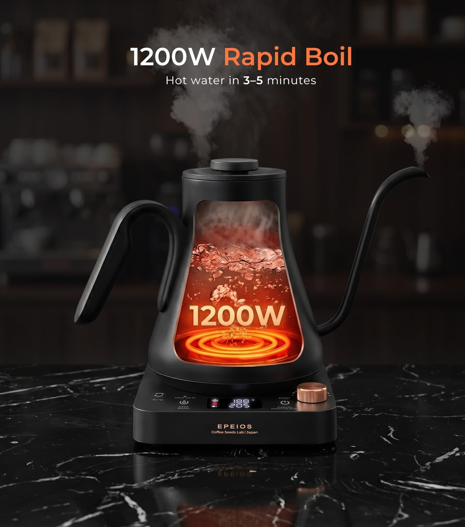 Epeios Electric Kettle, Gooseneck Electric Kettle with ±1°F Temperature Control, 1200W Rapid Heating for Pour Over Coffee & Tea, 304 Stainless Steel Interior, Auto Shut-Off, 0.9L