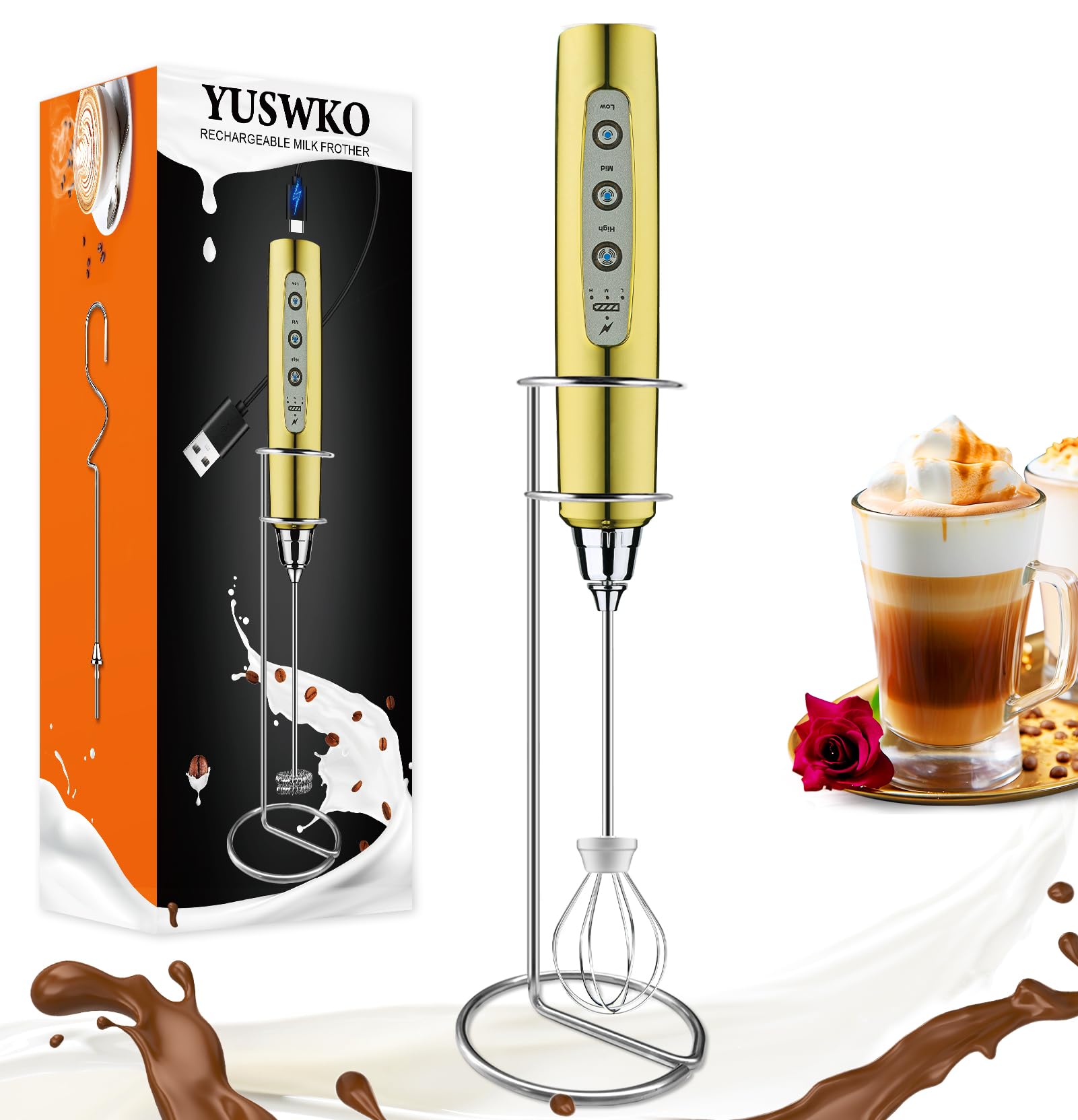 YUSWKO Rechargeable Handheld Milk Frother Wand for Coffee
