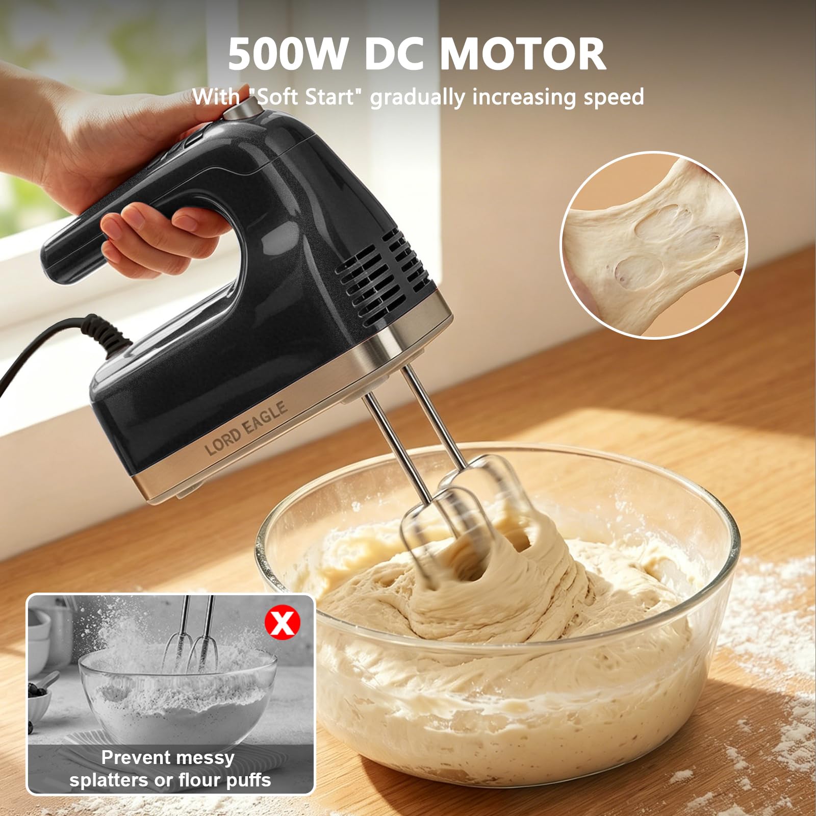 Lord Eagle 9-Speed Digital Hand Mixer Electric Handheld, 500W DC Motor Kitchen Mixer for Cake Baking, Lightweight Egg Beaters with Stain-resistant & Waterproof Storage Bag & 6 Accessories