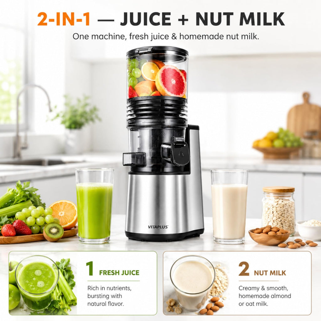VITAPLUS Cold Press Juicer with Stainless Steel Auger, Lab-Certified Food-Safe, AC Motor, 5.8" Whole-Fruit Chute, High Juice Yield Slow Masticating Juicer for Juice & Nut Milk, BPA-Free, Easy Clean