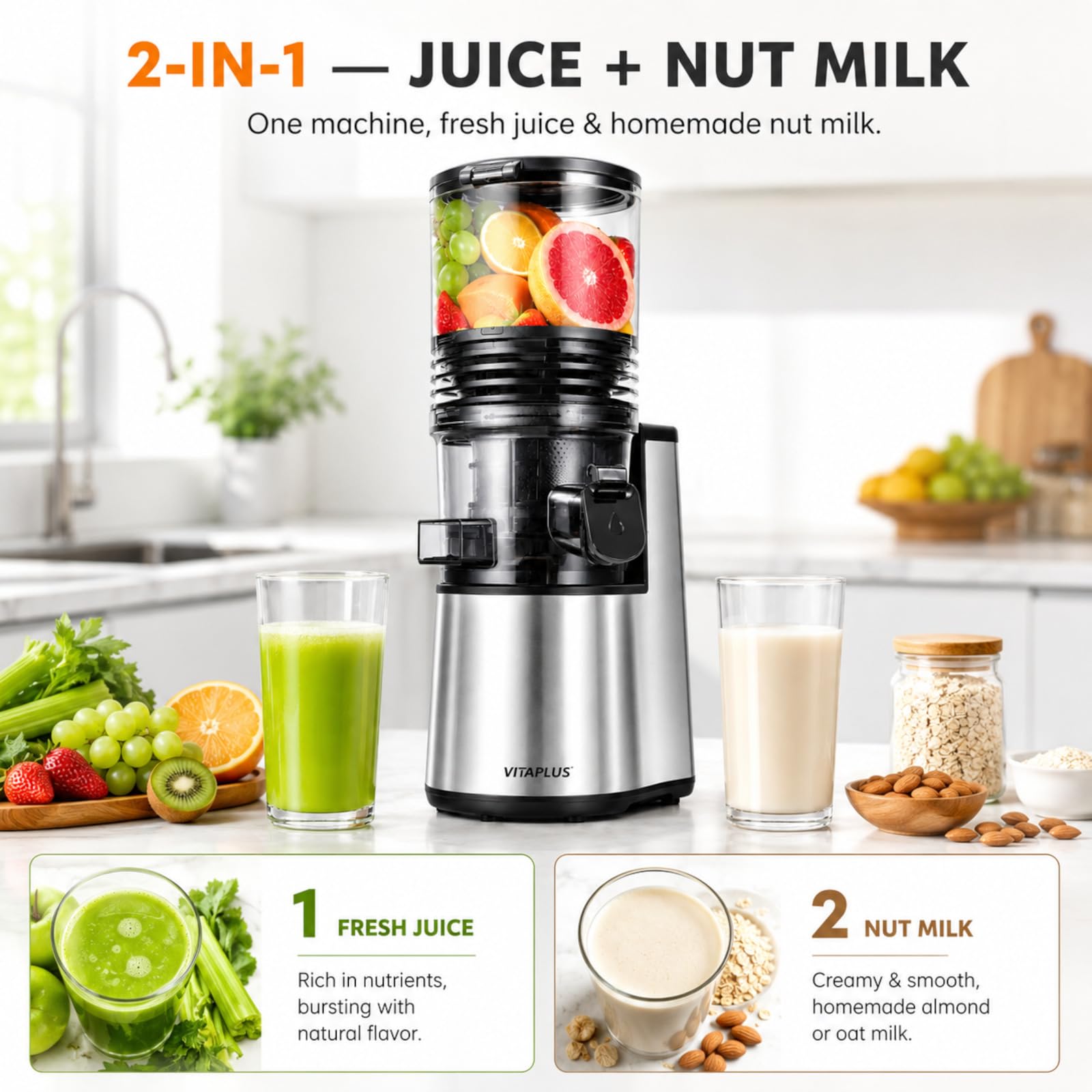 VITAPLUS Cold Press Juicer with Stainless Steel Auger, Lab-Certified Food-Safe, AC Motor, 5.8" Whole-Fruit Chute, High Juice Yield Slow Masticating Juicer for Juice & Nut Milk, BPA-Free, Easy Clean