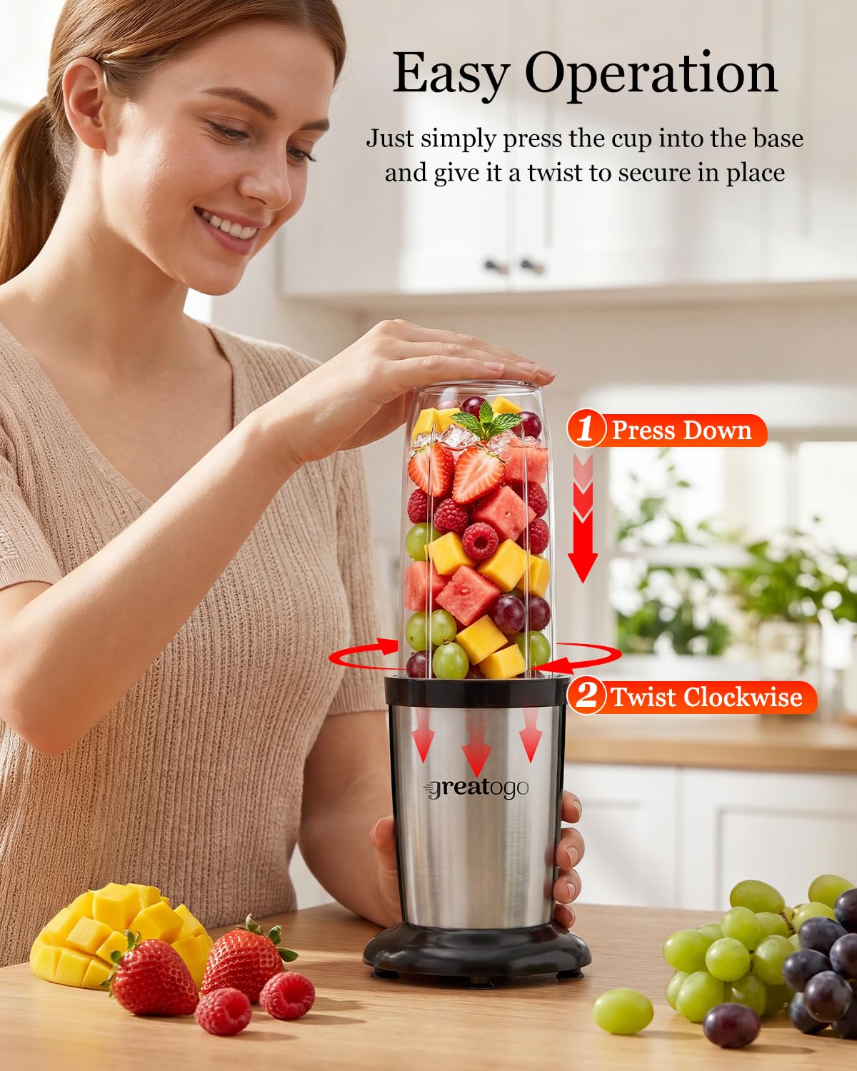 Greatogo Personal Bullet Blender for Smoothies and Shakes, Kitchen Portable Compact Smoothie Maker with 2×24oz To-Go Cups, 10oz Grinding Cup for Frozen Drinks, Small Ice, and Spices