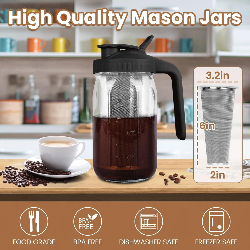 QHH Cold Brew Coffee Maker, 64 oz Mason Jar Pitcher with Stainless Steel Filter, Pour Spout Handle Lid, Airtight & Leak-Proof for Iced Coffee,Tea & Lemonade