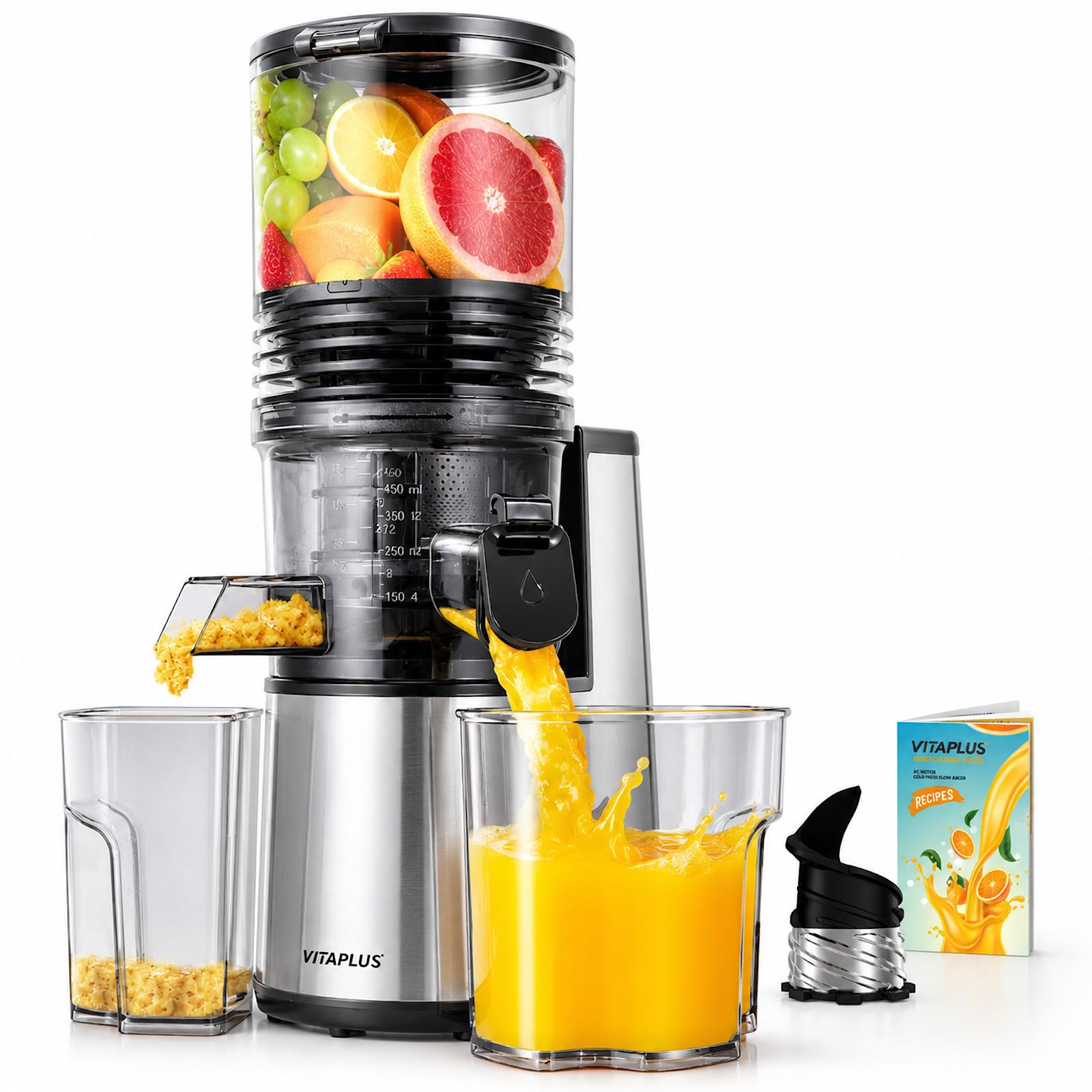 VITAPLUS Cold Press Juicer with Stainless Steel Auger, Lab-Certified Food-Safe, AC Motor, 5.8" Whole-Fruit Chute, High Juice Yield Slow Masticating Juicer for Juice & Nut Milk, BPA-Free, Easy Clean