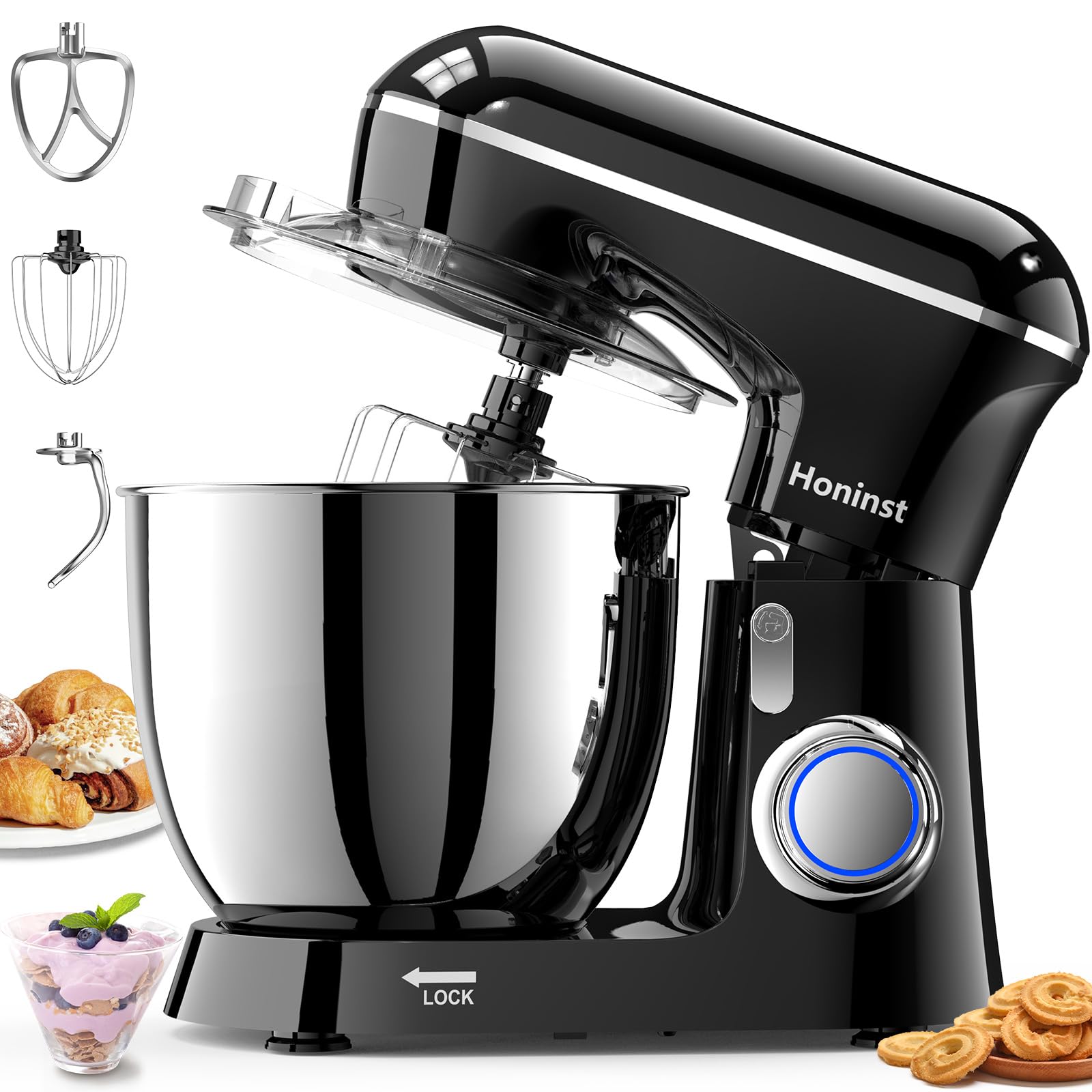 Honinst Stand Mixer, 6.5QT 10-Speed Tilt-Head Electric Stand Mixer, 3-In-1 Kitchen Mixer with Bowl, Dough Hook, Whisk and Beater, Food Mixer for Baking, Cake and Most Home Cooks,