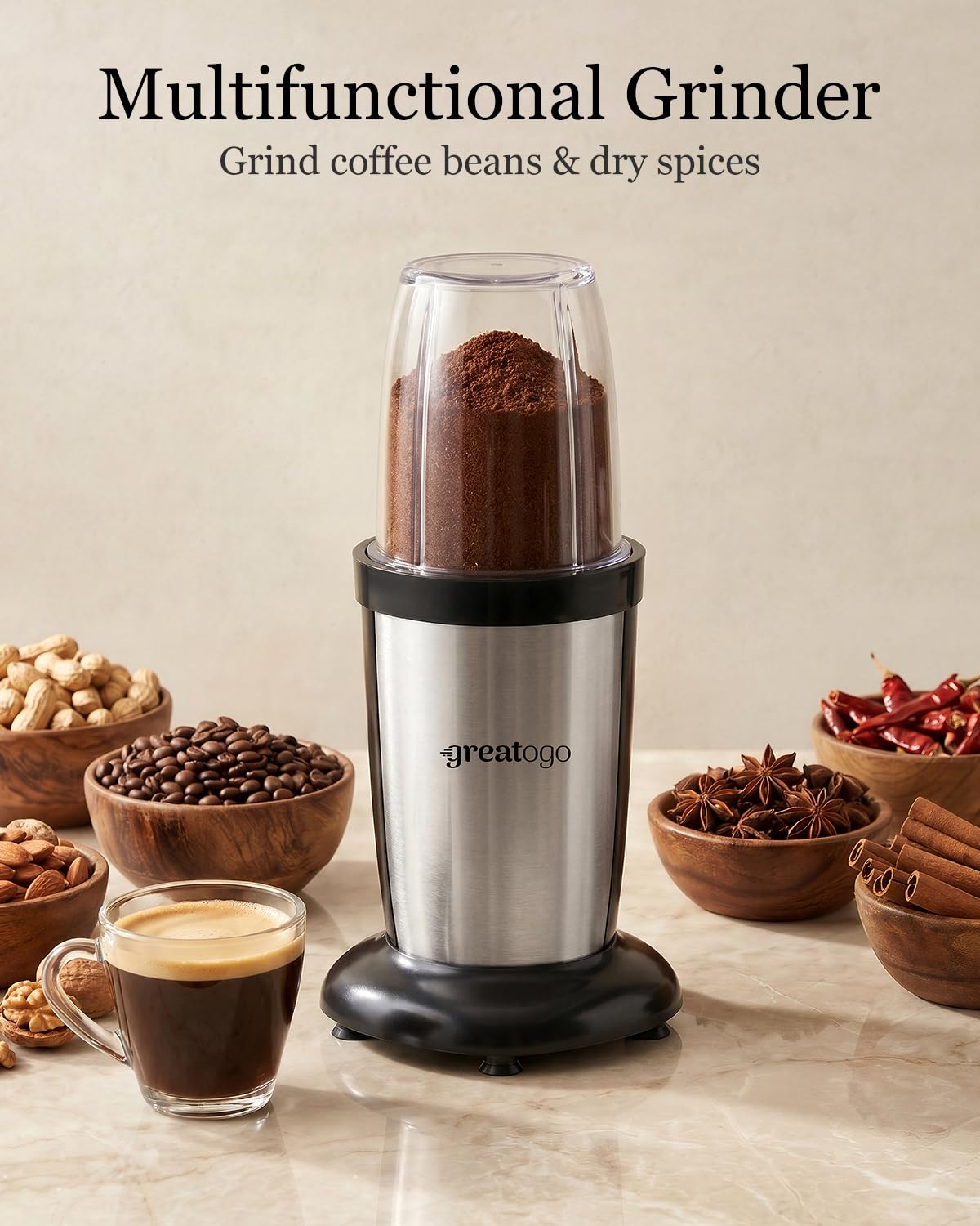 Greatogo Personal Bullet Blender for Smoothies and Shakes, Kitchen Portable Compact Smoothie Maker with 2×24oz To-Go Cups, 10oz Grinding Cup for Frozen Drinks, Small Ice, and Spices