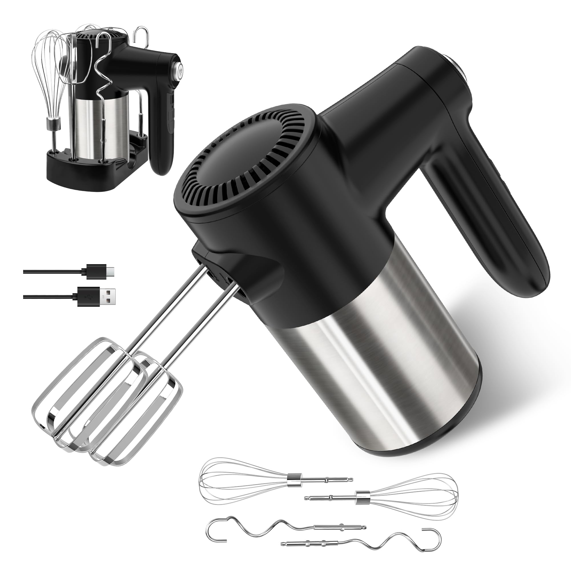 Cordless Hand Mixer, Rechargeable Electric Handheld Mixer with 6 x 304 Stainless Steel Attachments (2 Whisks, 2 Beaters, 2 Dough Hooks) & Storage Case, for Baking, Eggs, Cakes