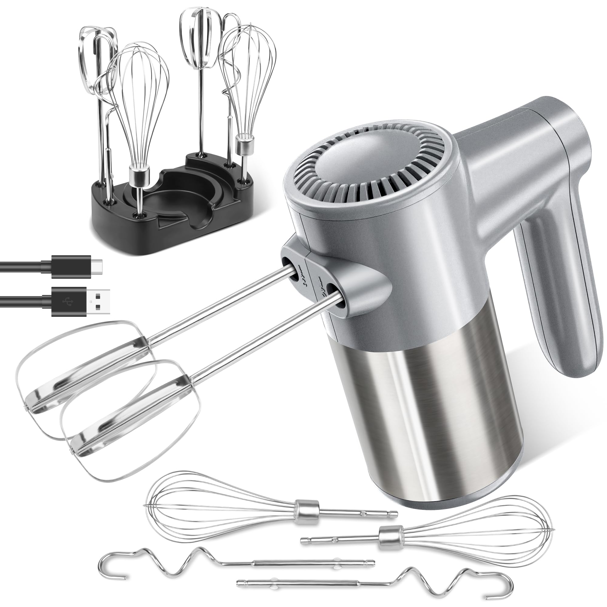 Cordless Hand Mixer, Rechargeable Electric Handheld Mixer with 6 x 304 Stainless Steel Attachments (2 Whisks, 2 Beaters, 2 Dough Hooks) & Storage Case, for Baking, Eggs, Cakes