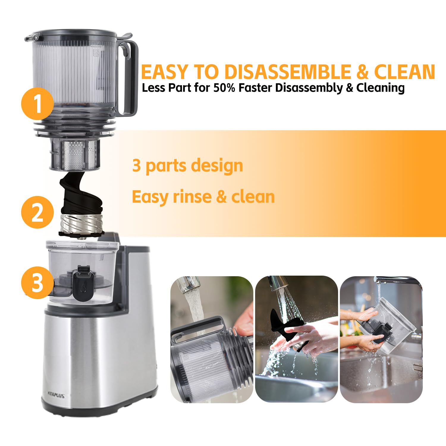VITAPLUS Cold Press Juicer with Stainless Steel Auger, Lab-Certified Food-Safe, AC Motor, 5.8" Whole-Fruit Chute, High Juice Yield Slow Masticating Juicer for Juice & Nut Milk, BPA-Free, Easy Clean