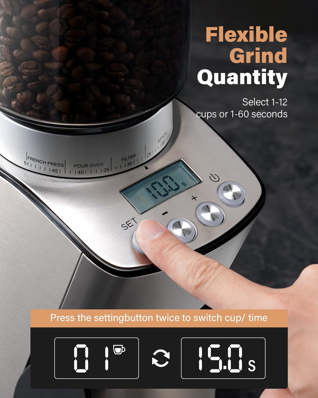 KIDISLE Conical Burr Coffee Grinder Electric, Espresso Grinder for Home Use, Burr Mill with 51 Grind Settings, Precision Electronic Timer, Stainless Steel Container