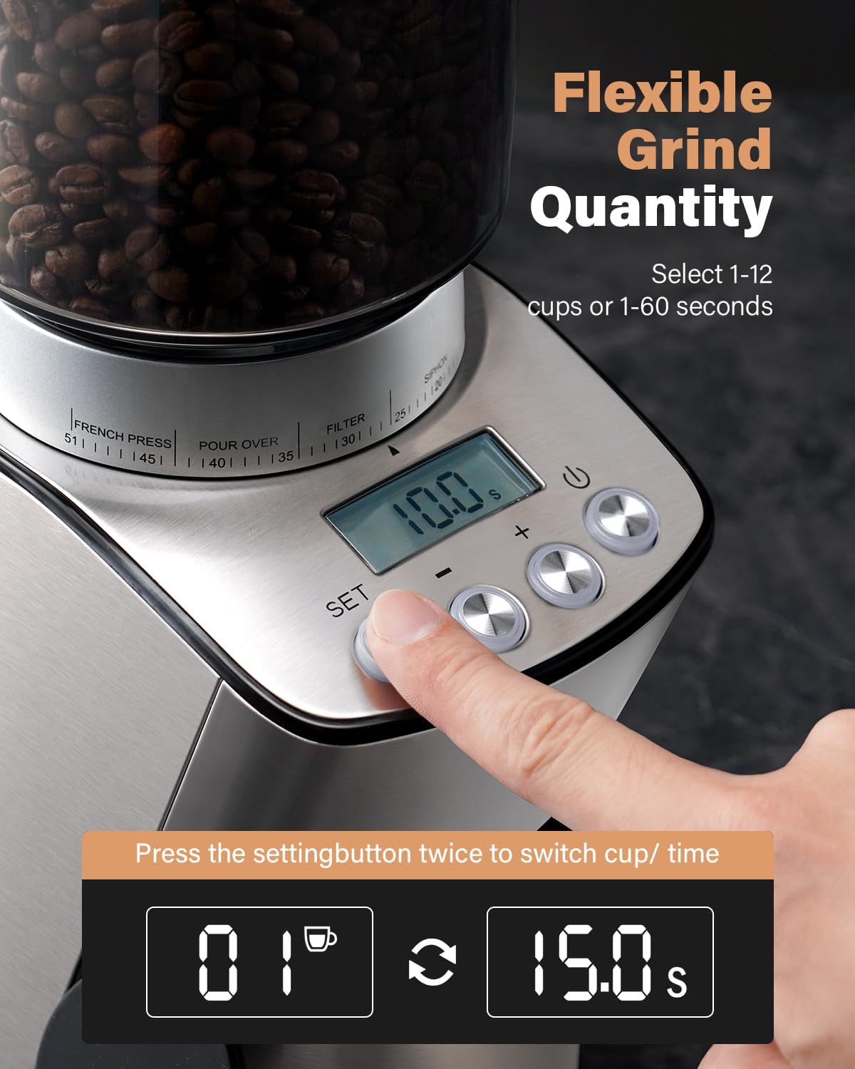 KIDISLE Conical Burr Coffee Grinder Electric, Espresso Grinder for Home Use, Burr Mill with 51 Grind Settings, Precision Electronic Timer, Stainless Steel Container