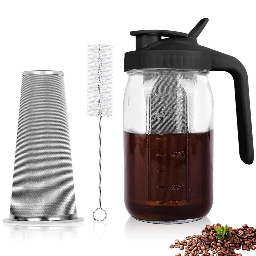 QHH Cold Brew Coffee Maker, 64 oz Mason Jar Pitcher with Stainless Steel Filter, Pour Spout Handle Lid, Airtight & Leak-Proof for Iced Coffee,Tea & Lemonade