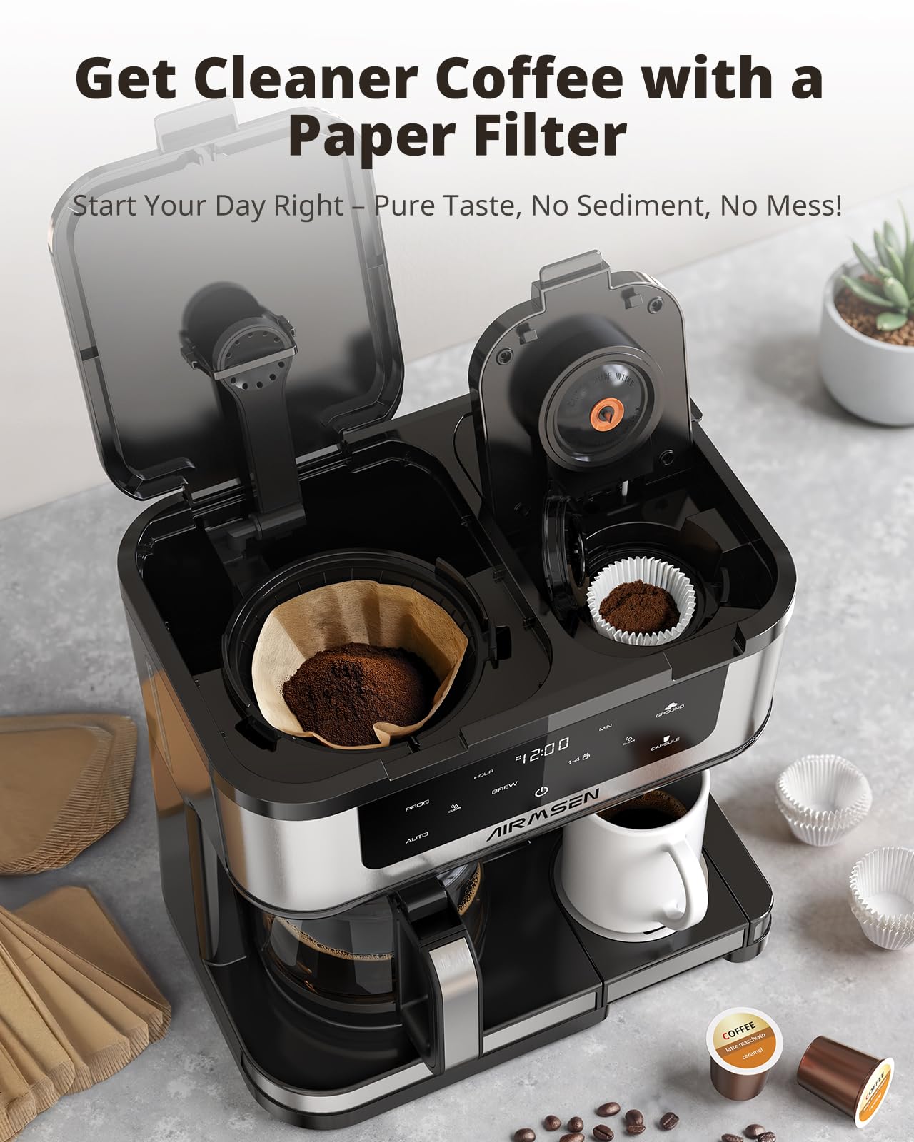 AIRMSEN 12-Cup Programmable Dual Coffee Maker – Single Serve Machine for K-Cup Pods & Ground, 1000W Fast Brew, Delay Start, 2H Keep Warm, Touchscreen, 60oz Tank, Glass Carafe – Home & Office