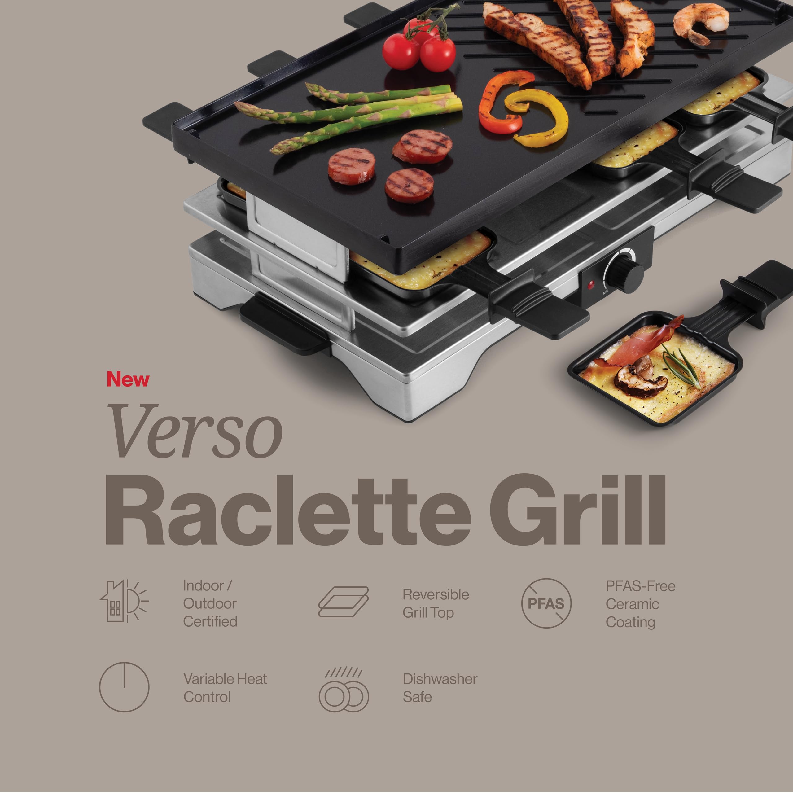 Swissmar Verso Indoor & Outdoor Raclette Grill with Cast Iron Reversible Griddle / Grill Top - 1700W Electric Raclette Set with PFAS-Free Nonstick Dishes, Variable Heat Control, 8-Person