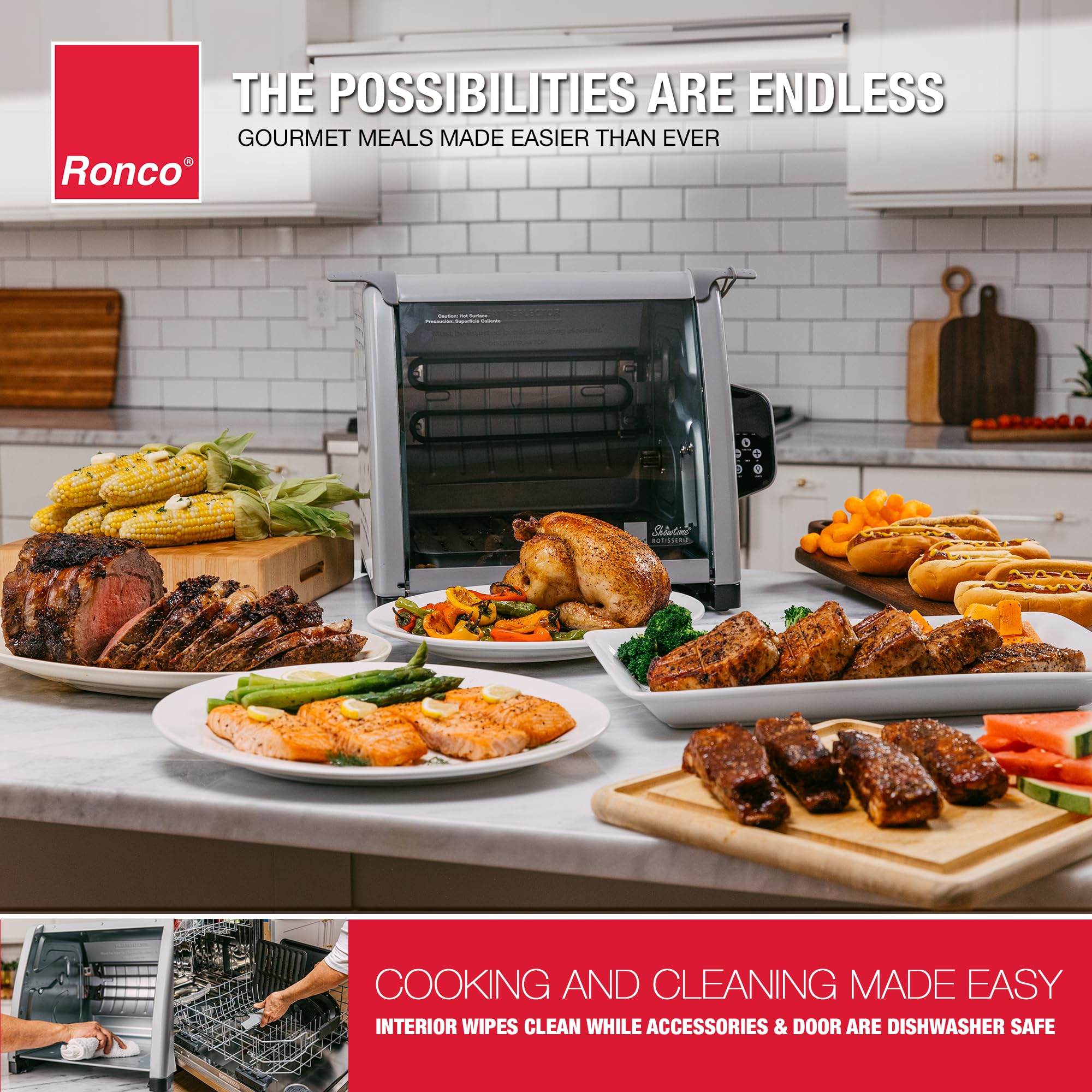 Ronco Showtime Large Capacity Rotisserie & BBQ Oven Modern Edition, Simple Switch Controls, Silicone Door Tie, Auto Shutoff, Includes Multipurpose Basket