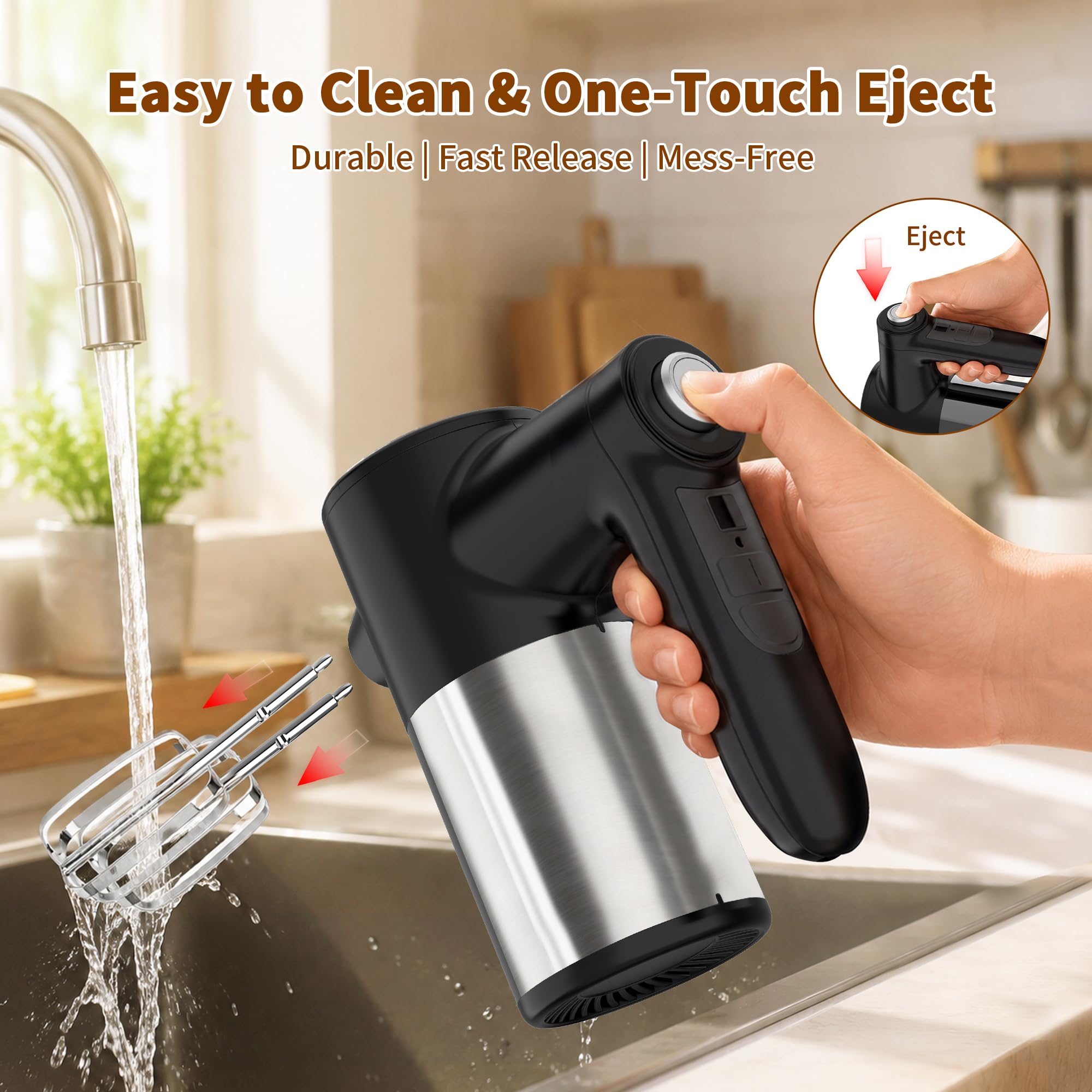 Cordless Hand Mixer, Rechargeable Electric Handheld Mixer with 6 x 304 Stainless Steel Attachments (2 Whisks, 2 Beaters, 2 Dough Hooks) & Storage Case, for Baking, Eggs, Cakes
