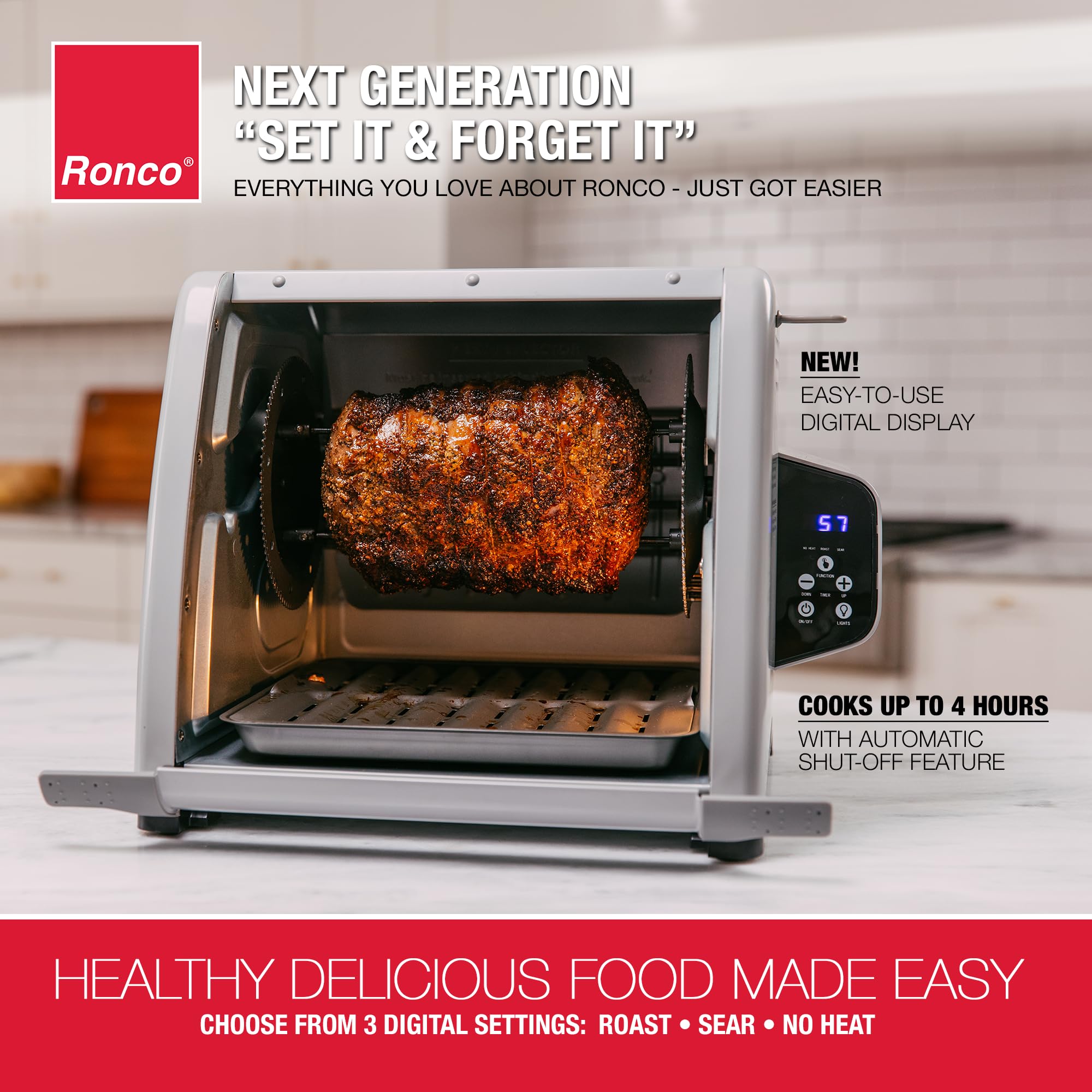 Ronco Showtime Large Capacity Rotisserie & BBQ Oven Modern Edition, Simple Switch Controls, Silicone Door Tie, Auto Shutoff, Includes Multipurpose Basket