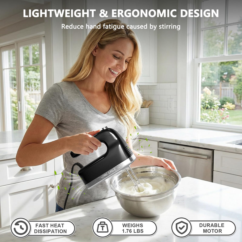 Lord Eagle 9-Speed Digital Hand Mixer Electric Handheld, 500W DC Motor Kitchen Mixer for Cake Baking, Lightweight Egg Beaters with Stain-resistant & Waterproof Storage Bag & 6 Accessories