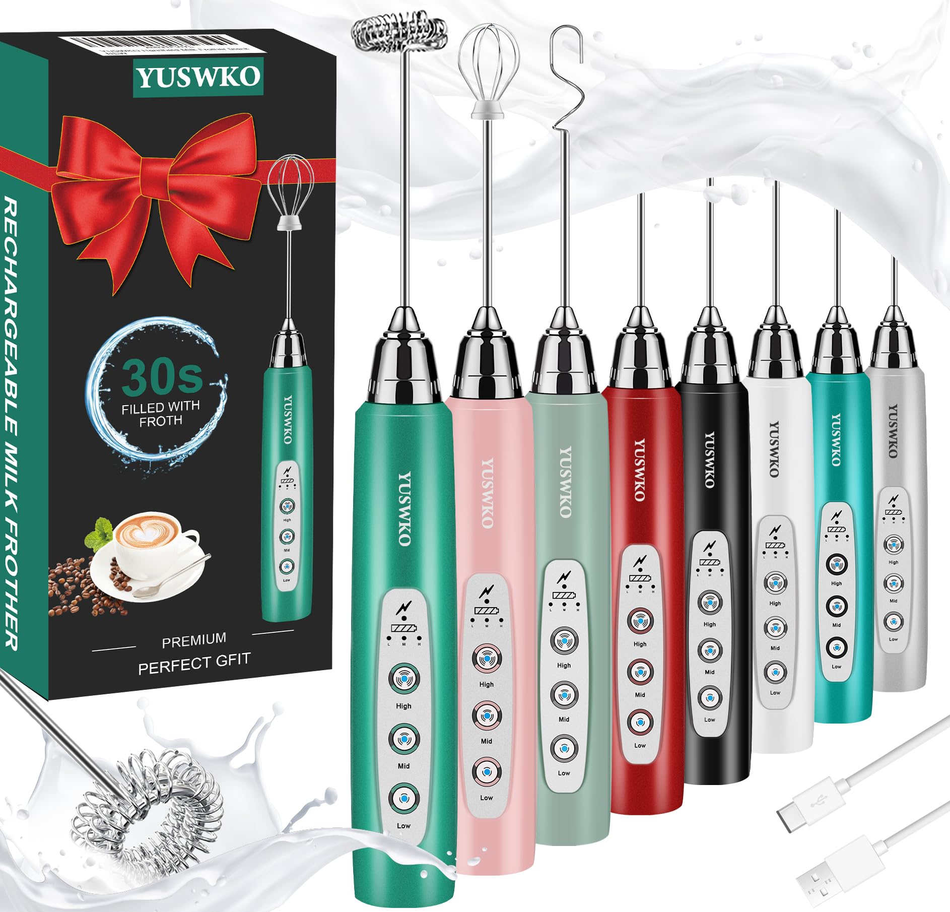 YUSWKO Rechargeable Handheld Milk Frother Wand for Coffee