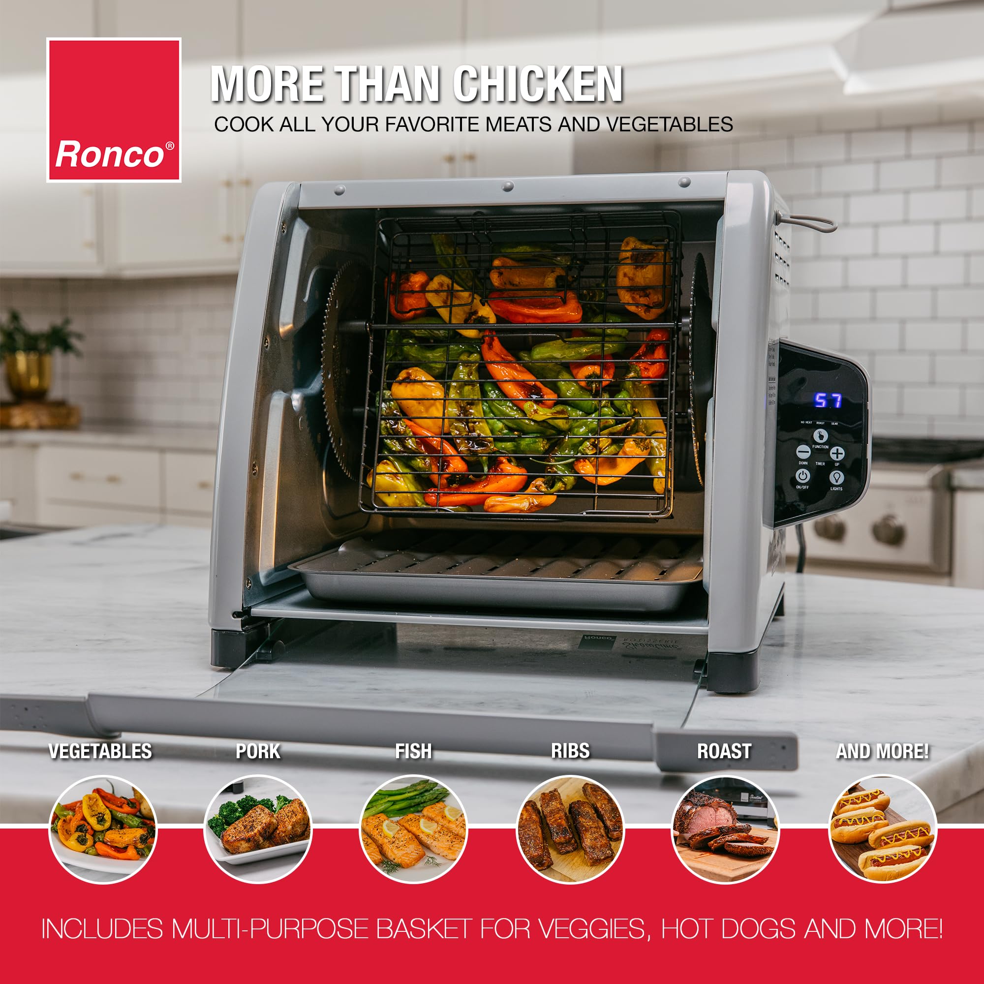 Ronco Showtime Large Capacity Rotisserie & BBQ Oven Modern Edition, Simple Switch Controls, Silicone Door Tie, Auto Shutoff, Includes Multipurpose Basket