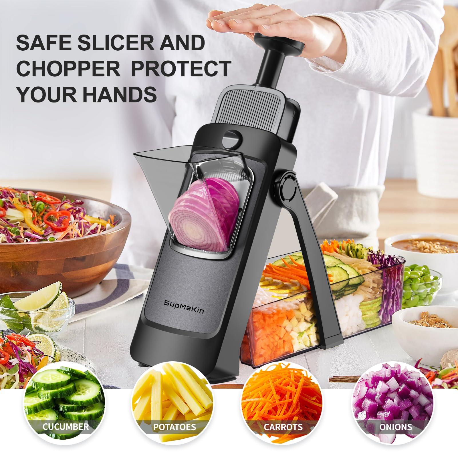 SupMaKin Safe Mandoline Slicer for Kitchen,Pptato Slicer, Vegetable Onion Chopper, French Fry Cutter, Adjustable Thickness, Julienne & Dicer Salad Chopping Artifact