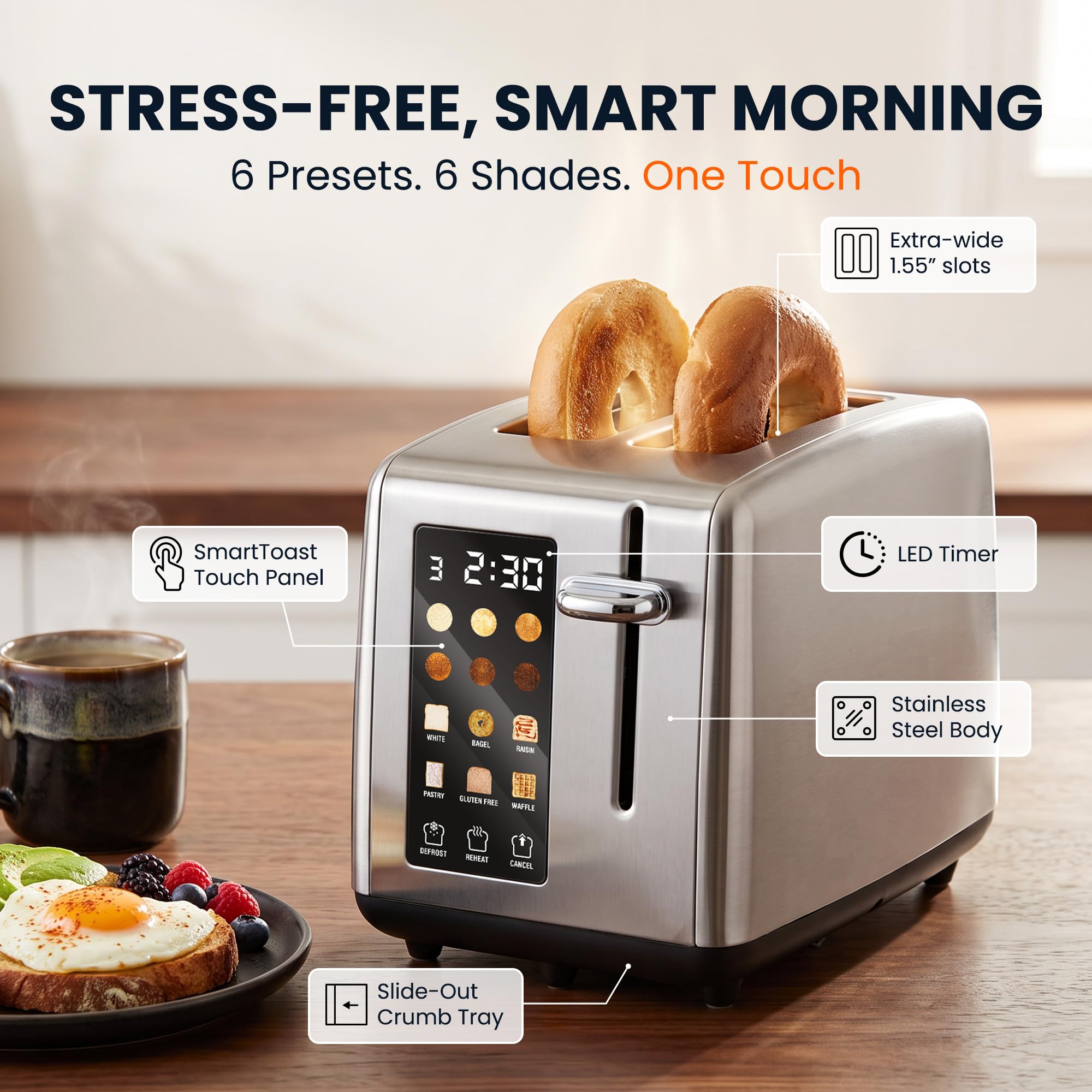 Elite Gourmet LCD Touch Toaster with 2 Extra-Wide Slots