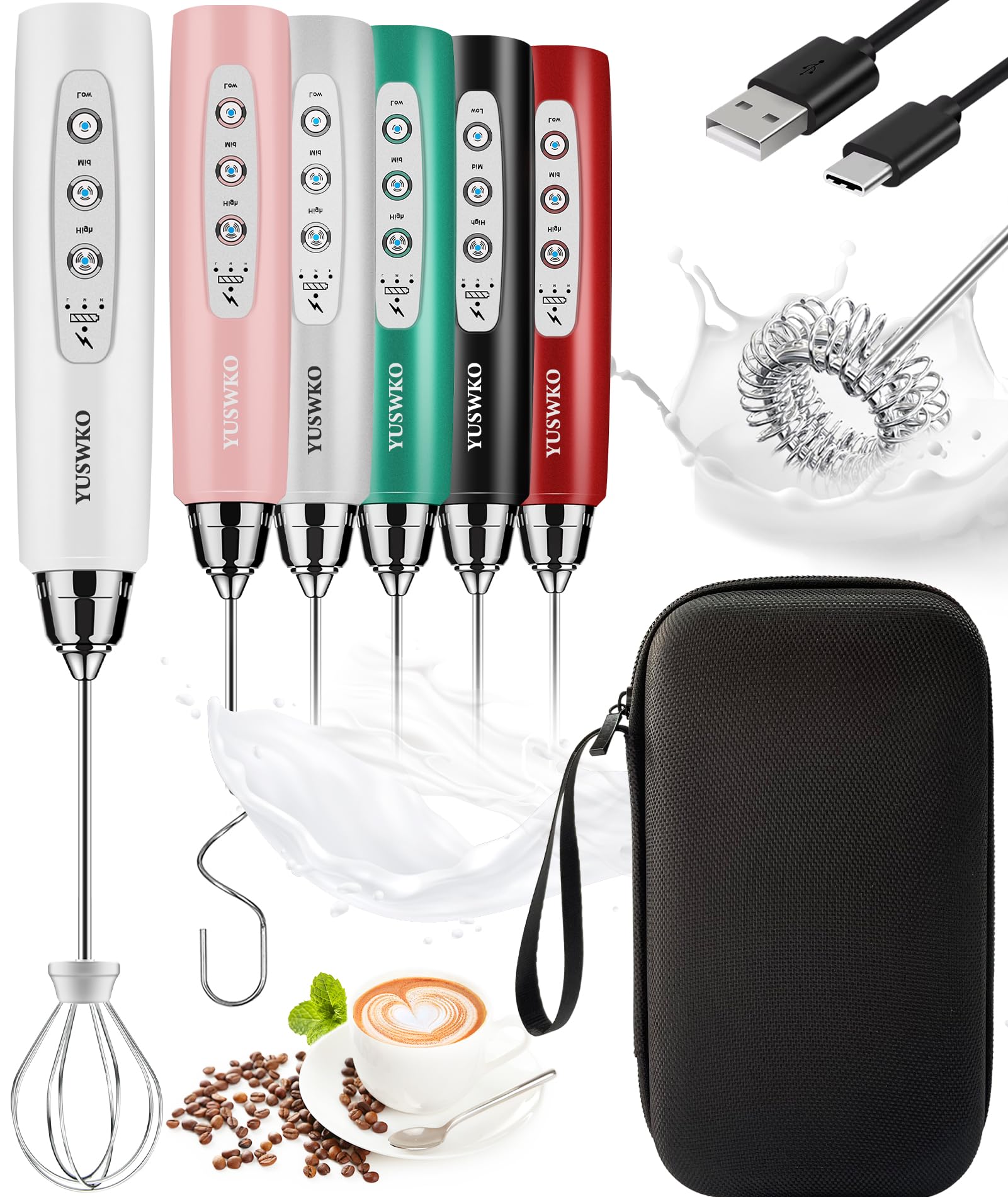 YUSWKO Rechargeable Handheld Milk Frother Wand for Coffee