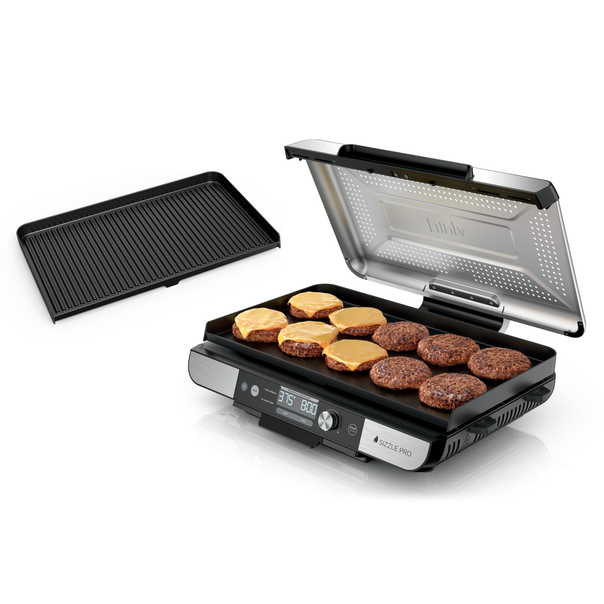 Ninja Griddle and Indoor Grill, 14’’, Electric Grill, For Steak, Burgers, Salmon, Veggies, and More, Pancake Griddle, Nonstick, Dishwasher Safe, 500F, Even Cooking, Silver, GR101