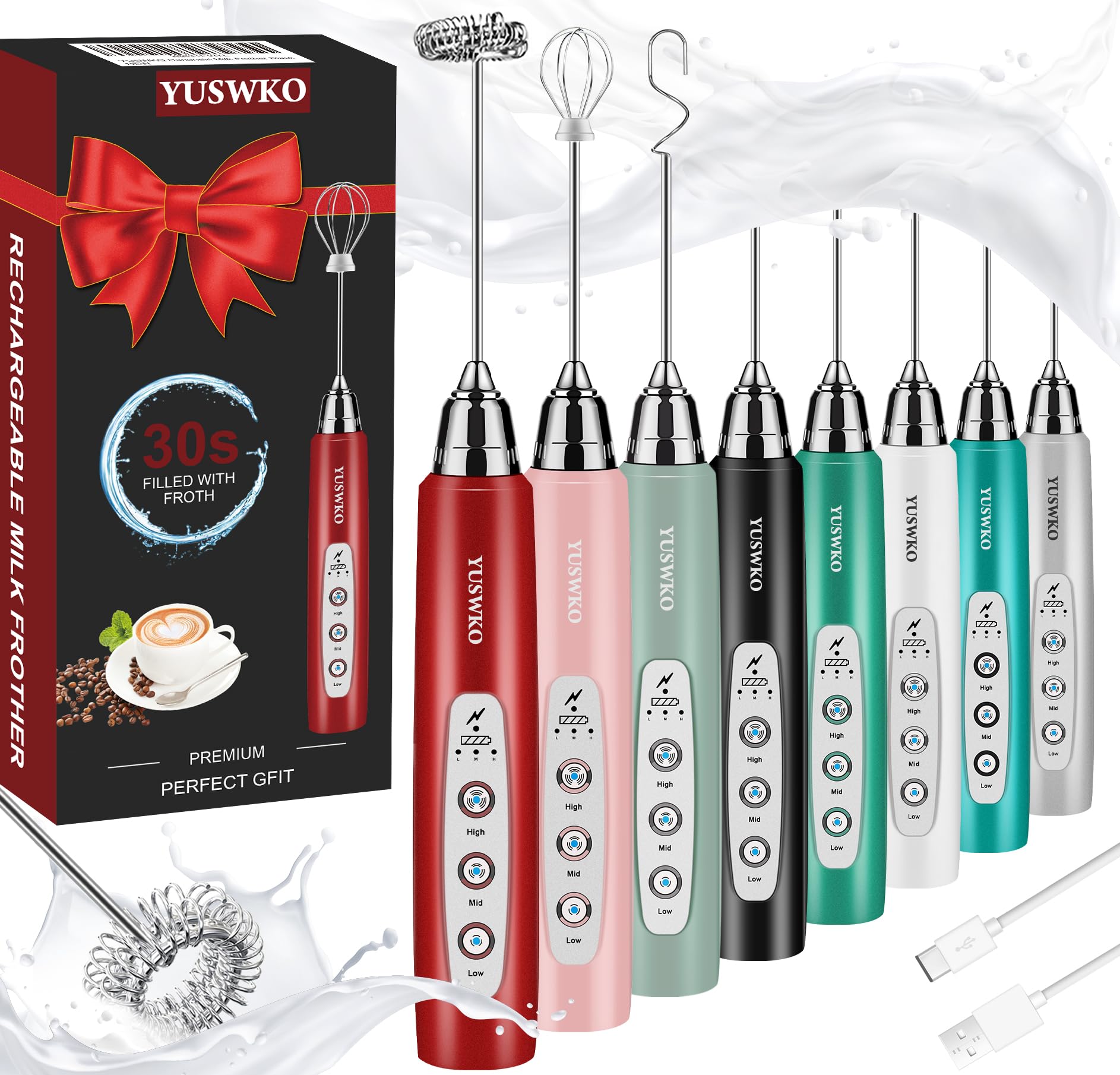 YUSWKO Rechargeable Handheld Milk Frother Wand for Coffee