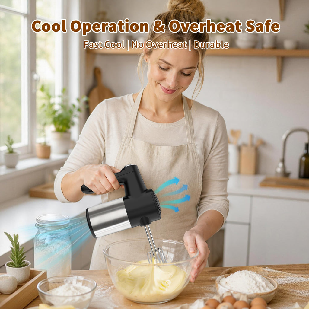 Cordless Hand Mixer, Rechargeable Electric Handheld Mixer with 6 x 304 Stainless Steel Attachments (2 Whisks, 2 Beaters, 2 Dough Hooks) & Storage Case, for Baking, Eggs, Cakes