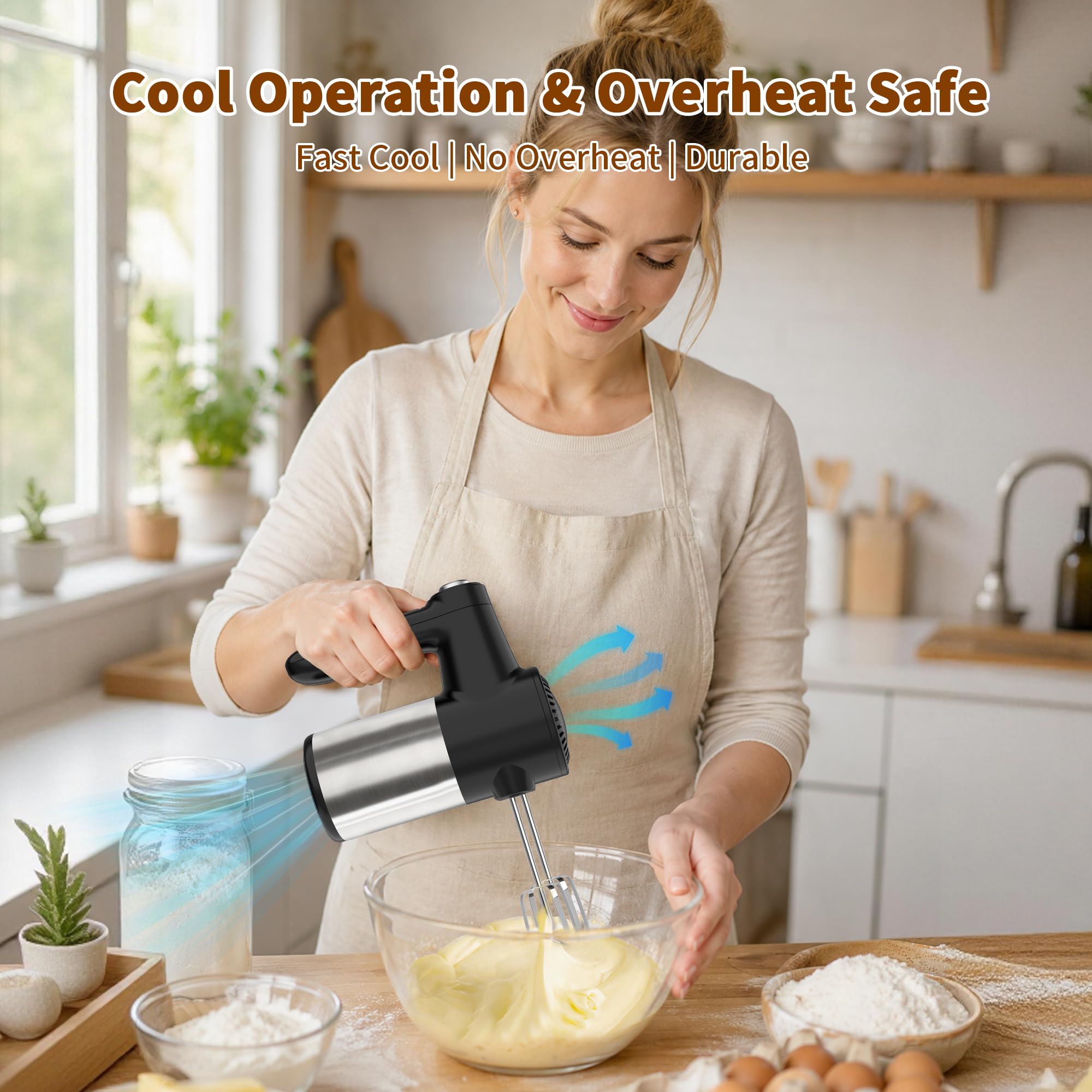 Cordless Hand Mixer, Rechargeable Electric Handheld Mixer with 6 x 304 Stainless Steel Attachments (2 Whisks, 2 Beaters, 2 Dough Hooks) & Storage Case, for Baking, Eggs, Cakes